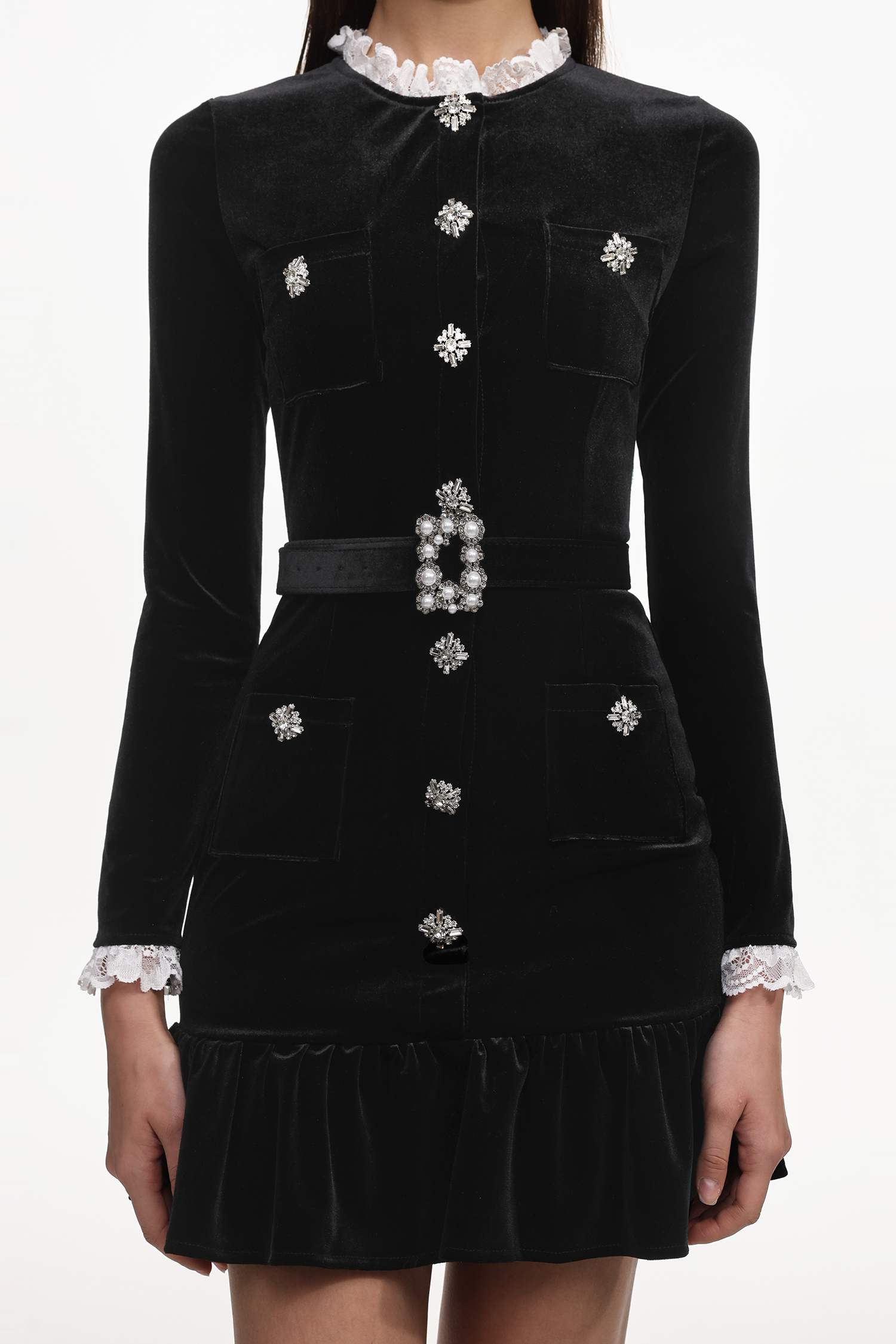 Miopa Classic Tailored Long Sleeve Rhinestone Ruffle Velvet Mini Dress