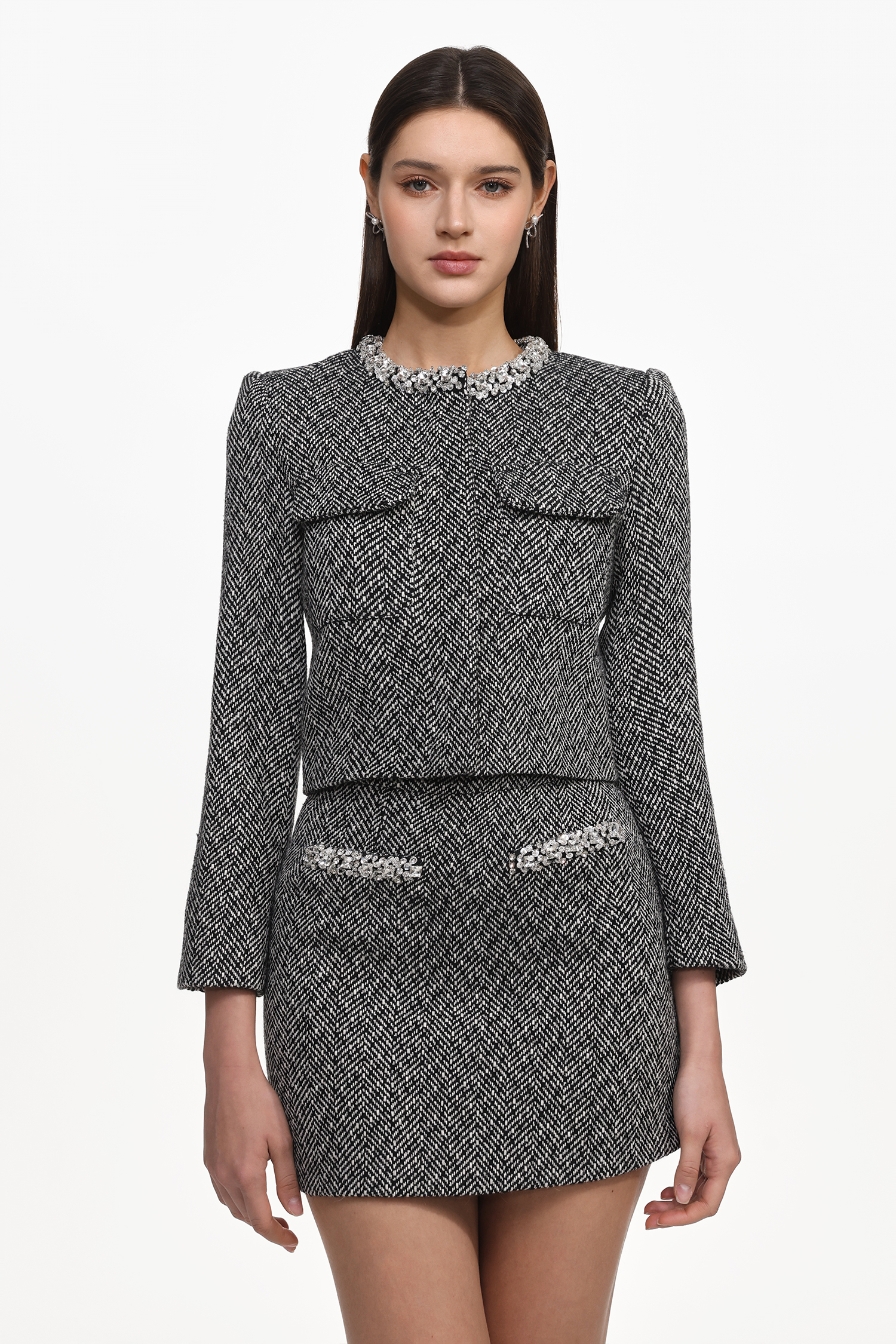 Uzaco Classic Tailored Tweed Top And Skirt Two-Piece Set