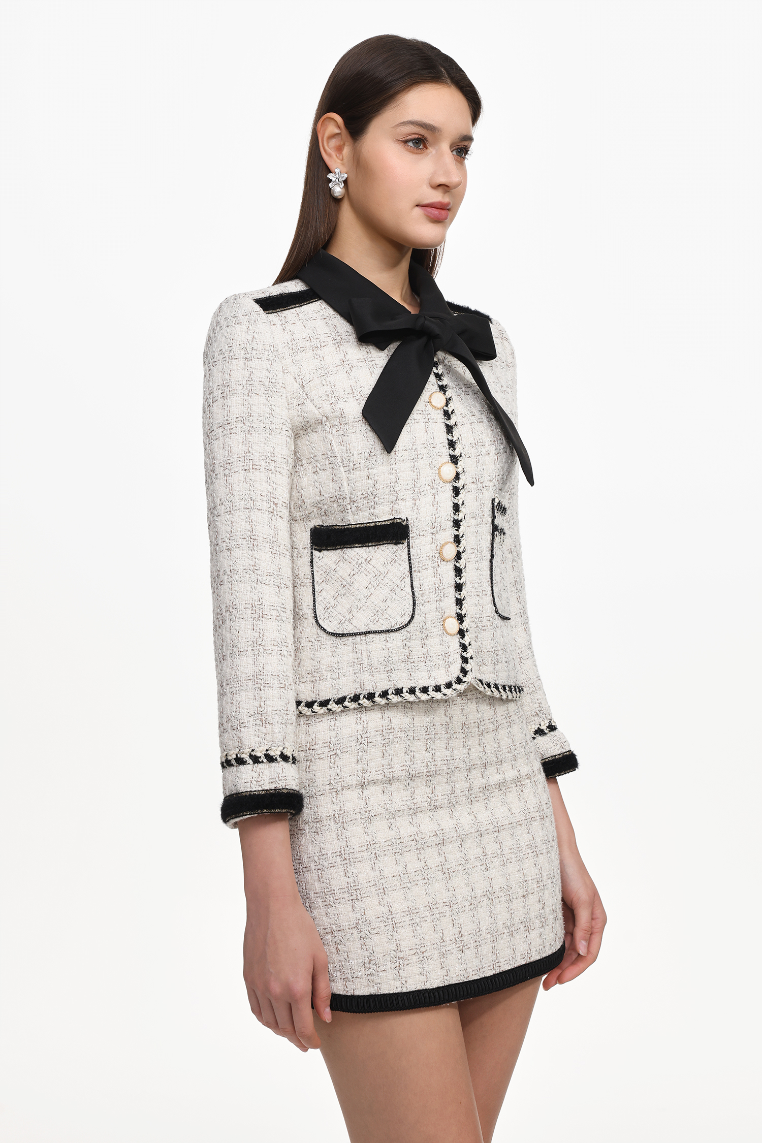 Zambezi Classic Tailored Long Sleeve Bow Tweed Top And Skirt Set