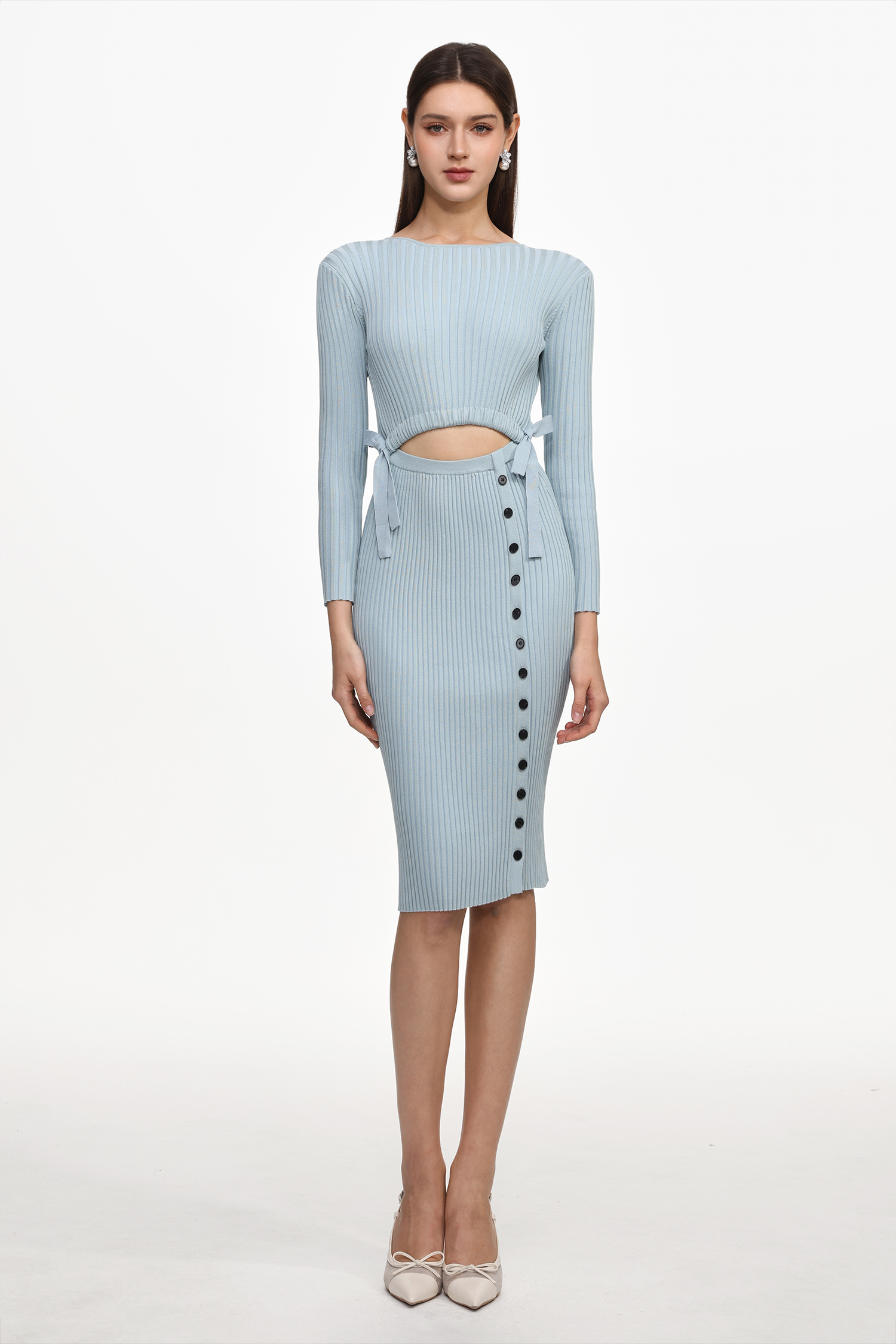 Viomo Chic Contour Round Neck Long Sleeve Buttoned Knit Midi Dress