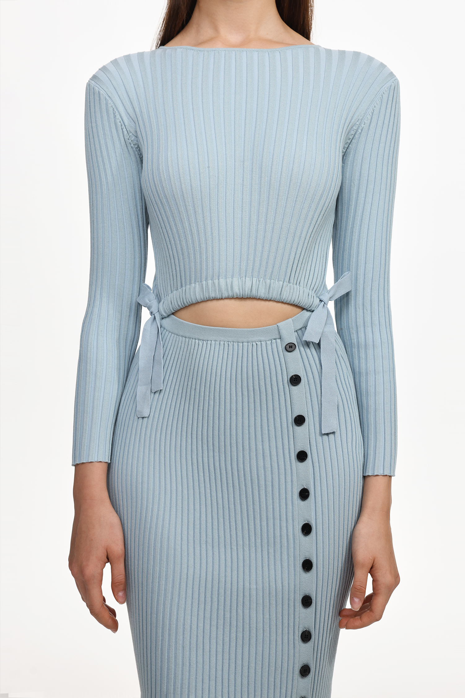 Viomo Chic Contour Round Neck Long Sleeve Buttoned Knit Midi Dress