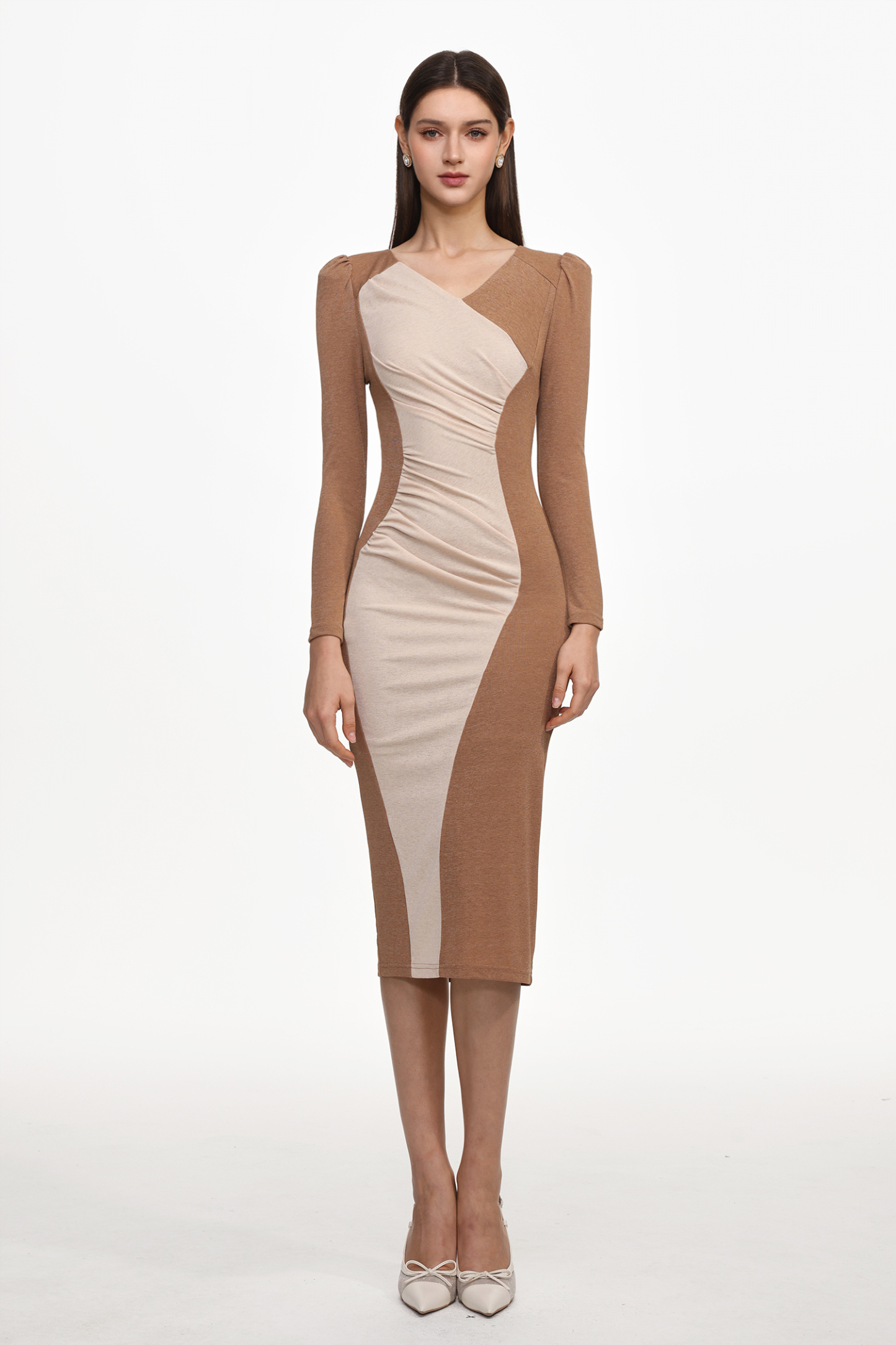 Ikala Elegant Contour Long Sleeve Ruched Contrast Knit Midi Dress