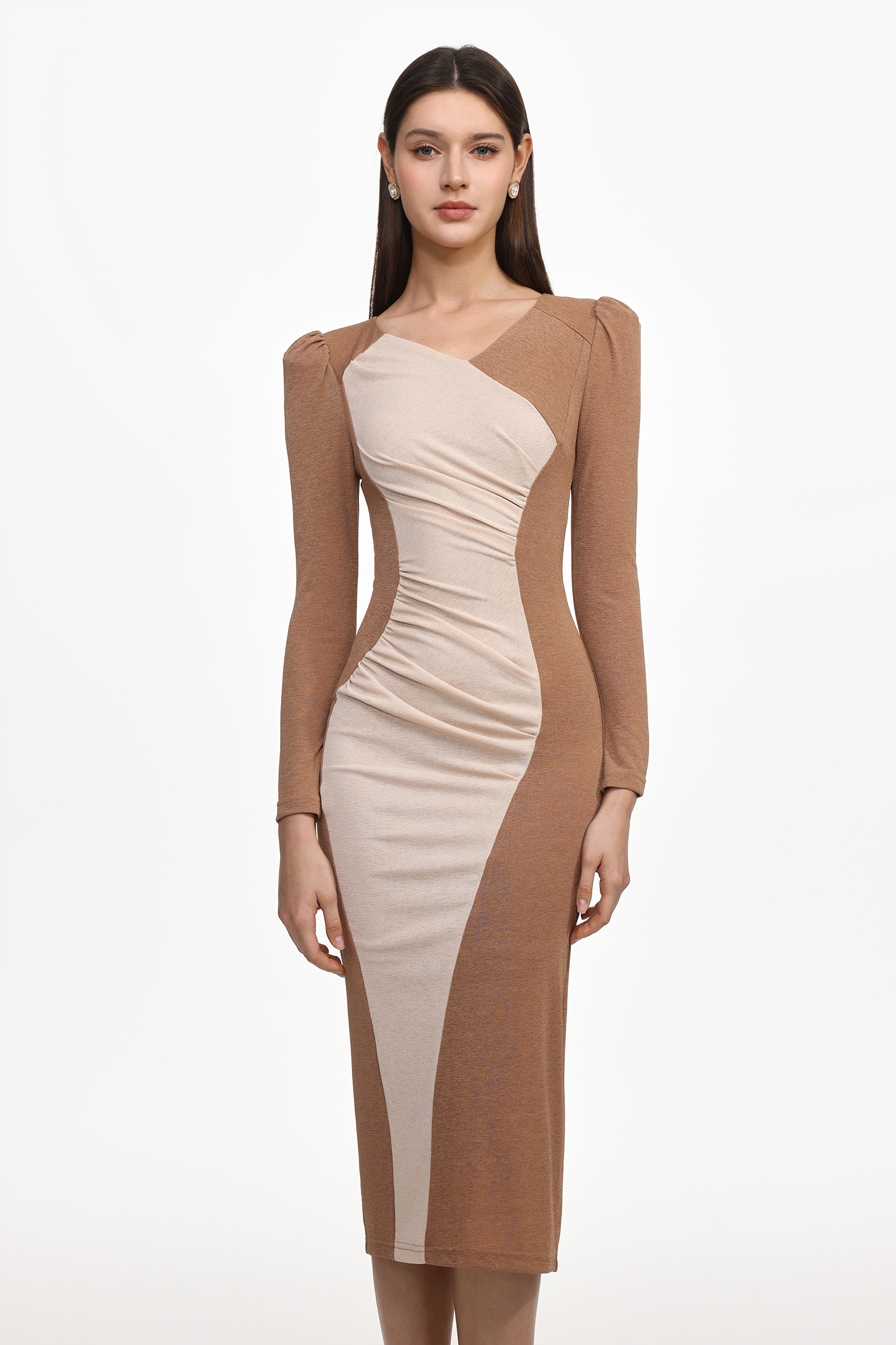 Ikala Elegant Contour Long Sleeve Ruched Contrast Knit Midi Dress