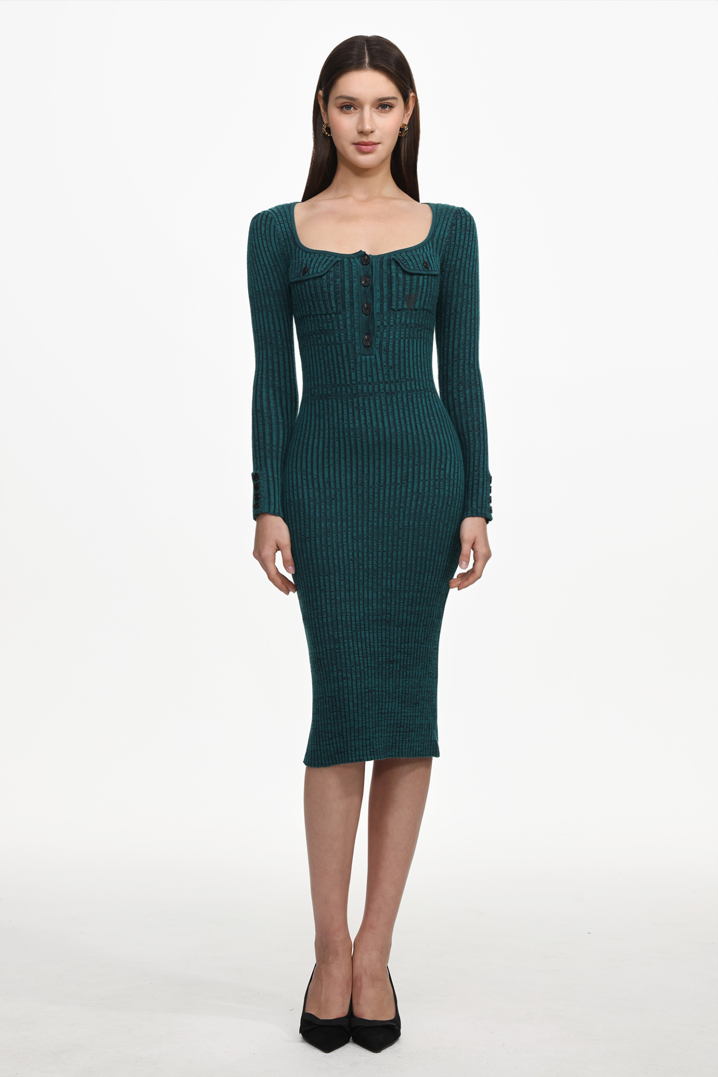 Takada Classic Contour Long Sleeve Knit Midi Dress