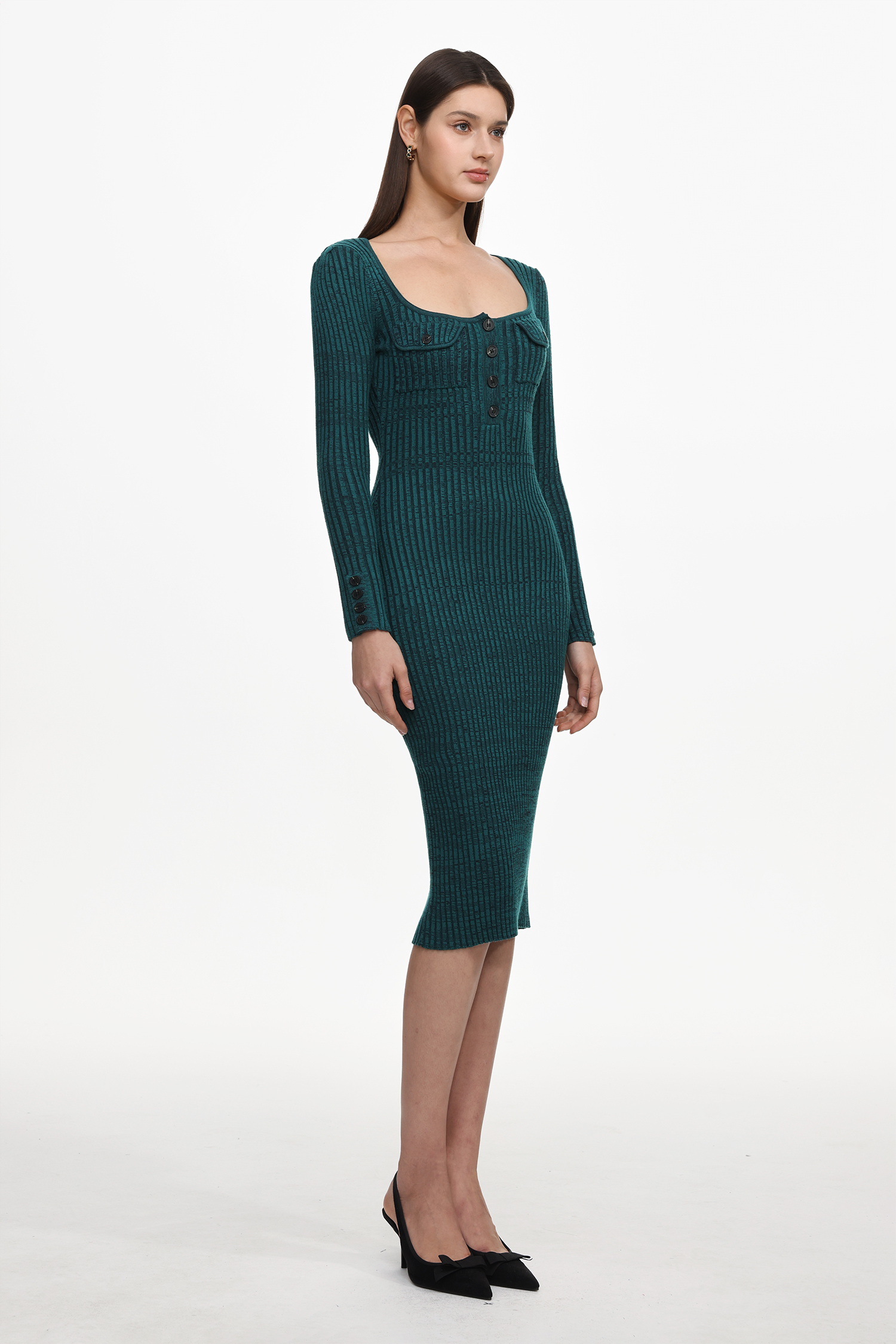 Takada Classic Contour Long Sleeve Knit Midi Dress