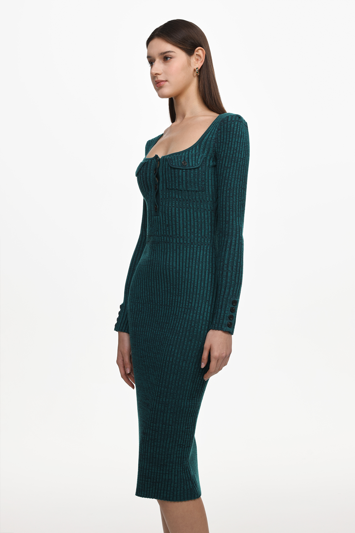 Takada Classic Contour Long Sleeve Knit Midi Dress