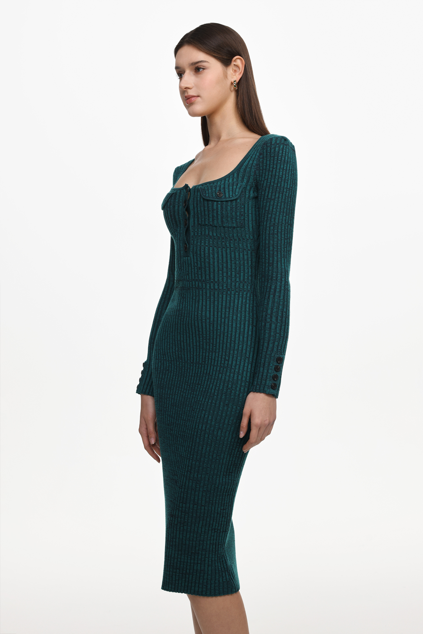 Takada Classic Contour Long Sleeve Knit Midi Dress