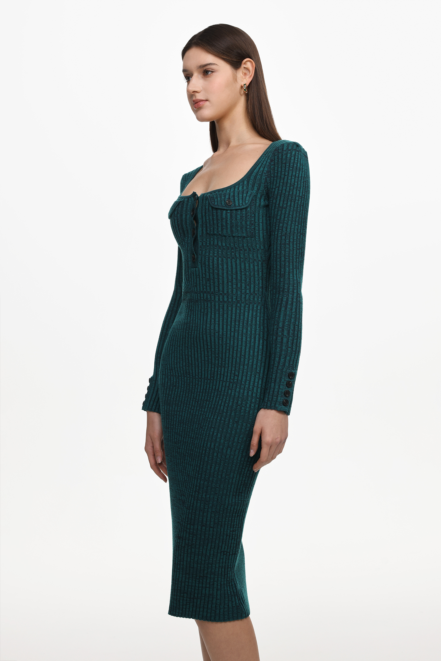 Takada Classic Contour Long Sleeve Knit Midi Dress