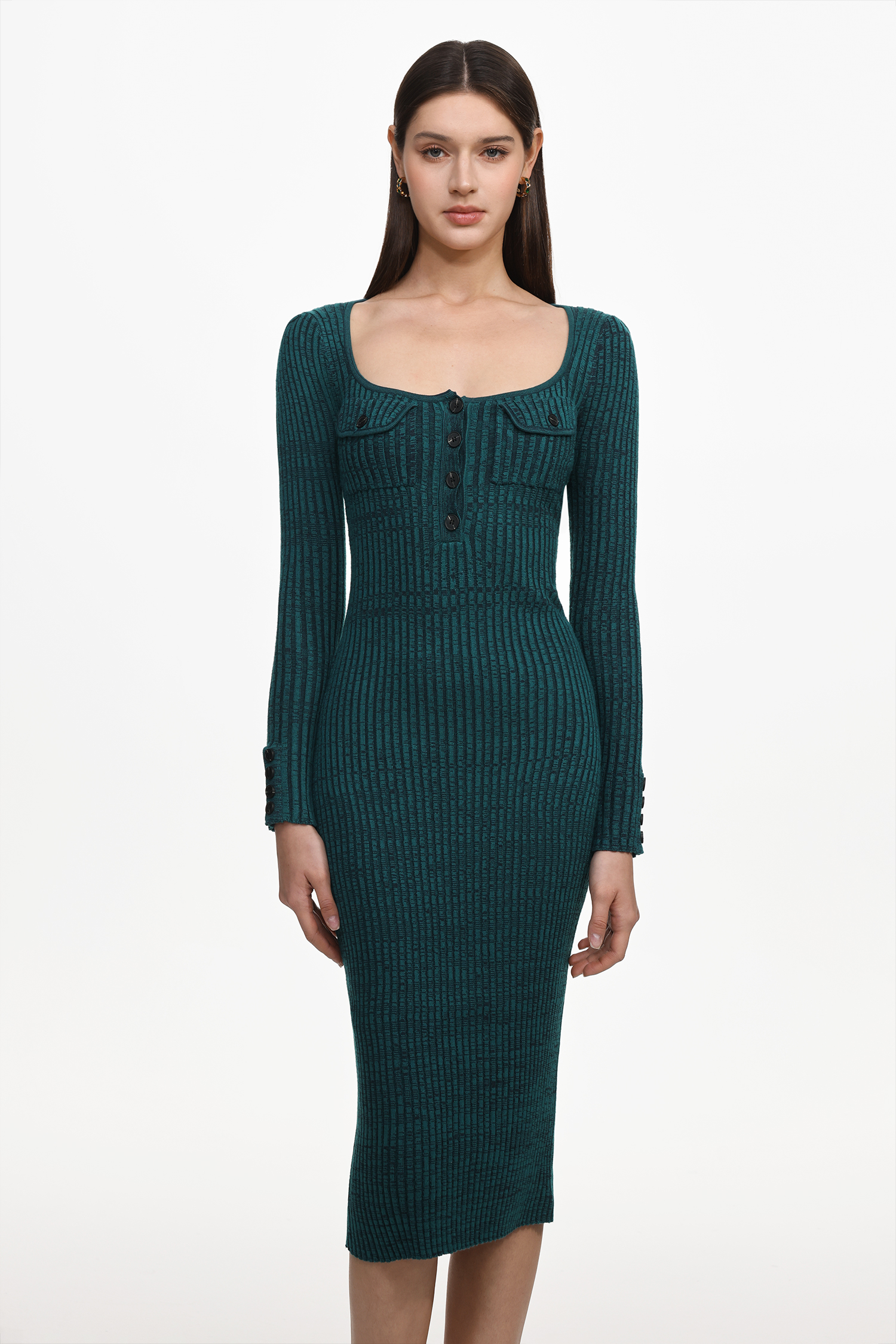 Takada Classic Contour Long Sleeve Knit Midi Dress