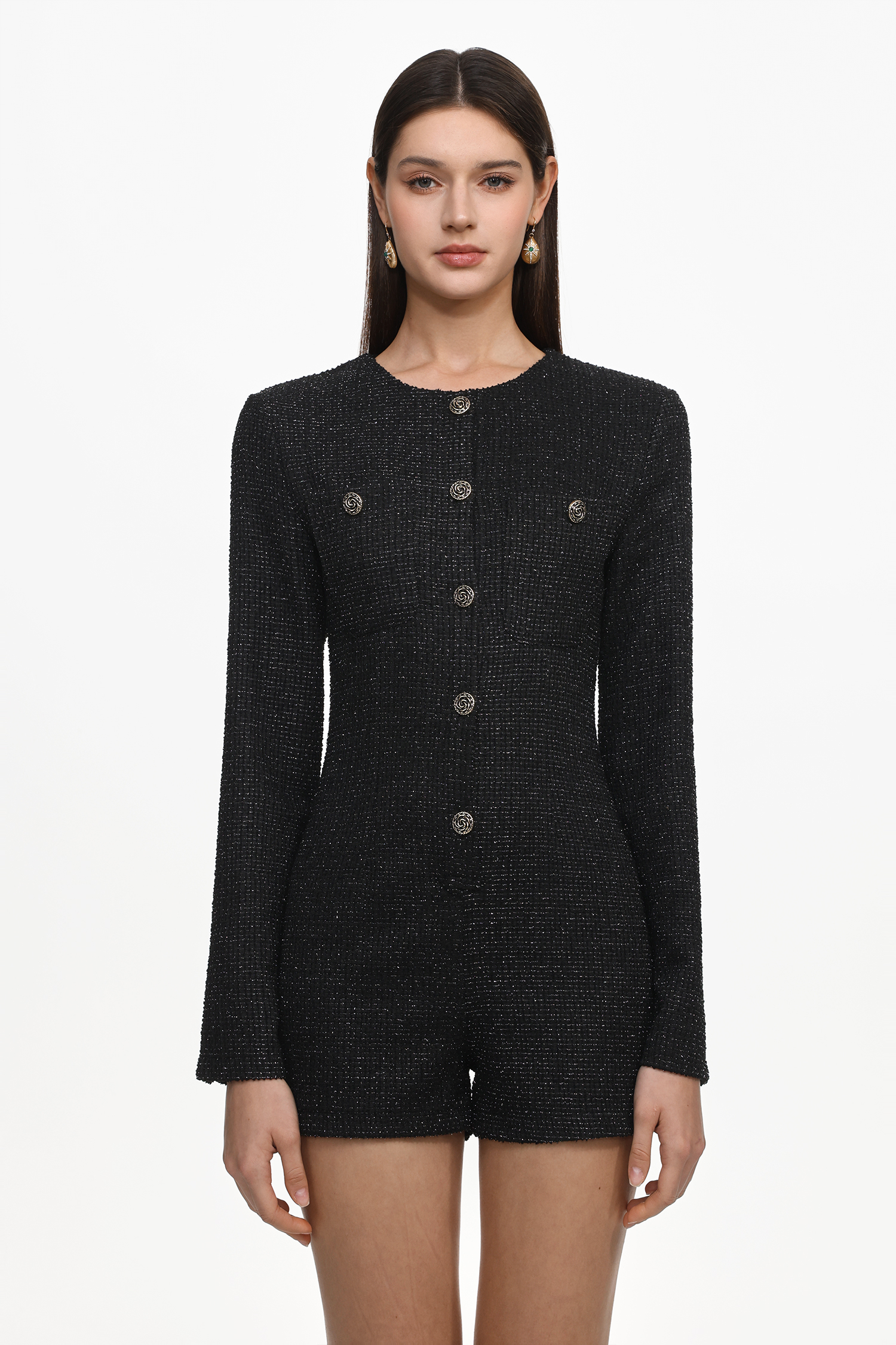 Vedasa Classic Tailored Round Neck Long Sleeve Buttoned Woven Mini Jumpsuit