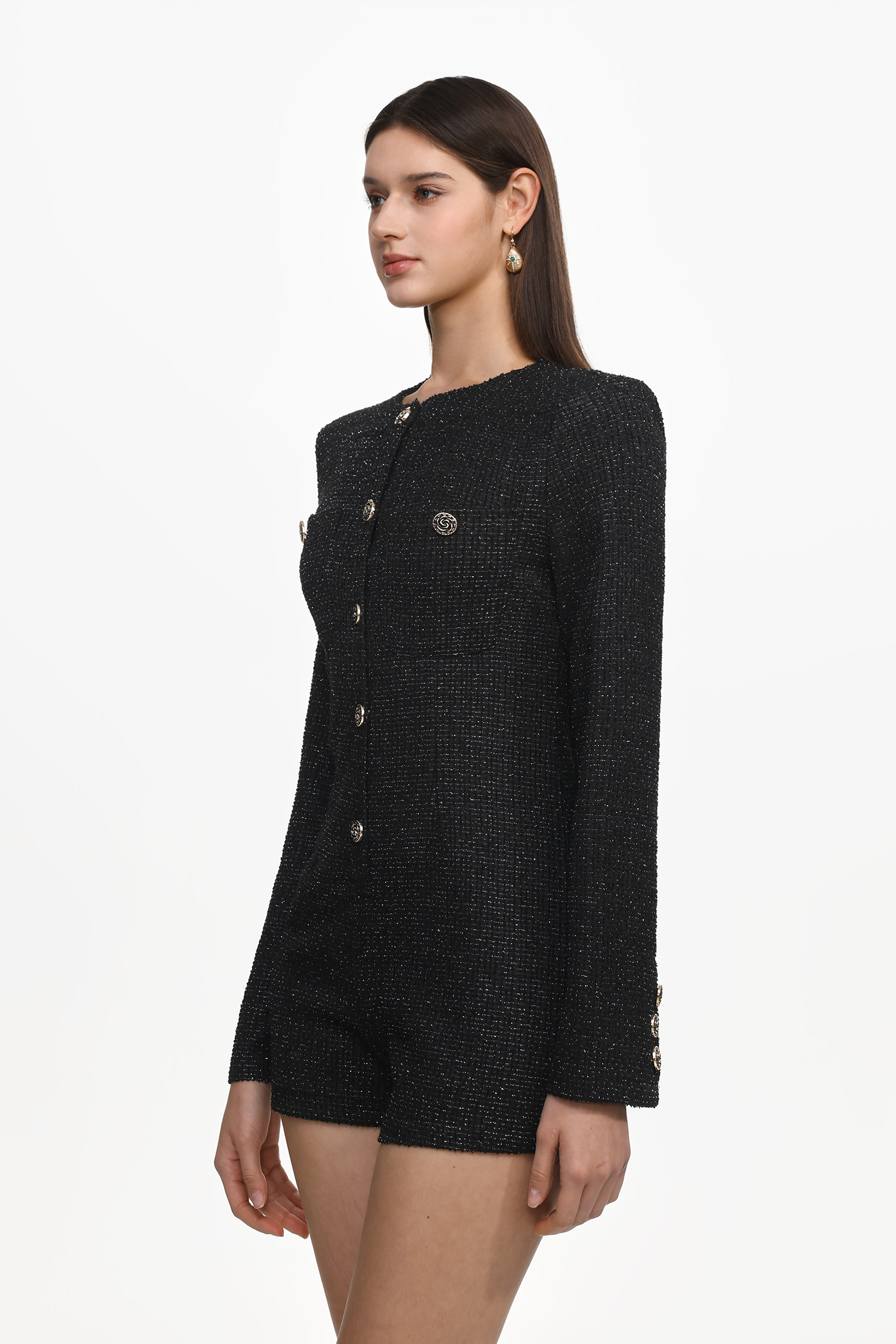 Vedasa Classic Tailored Round Neck Long Sleeve Buttoned Woven Mini Jumpsuit