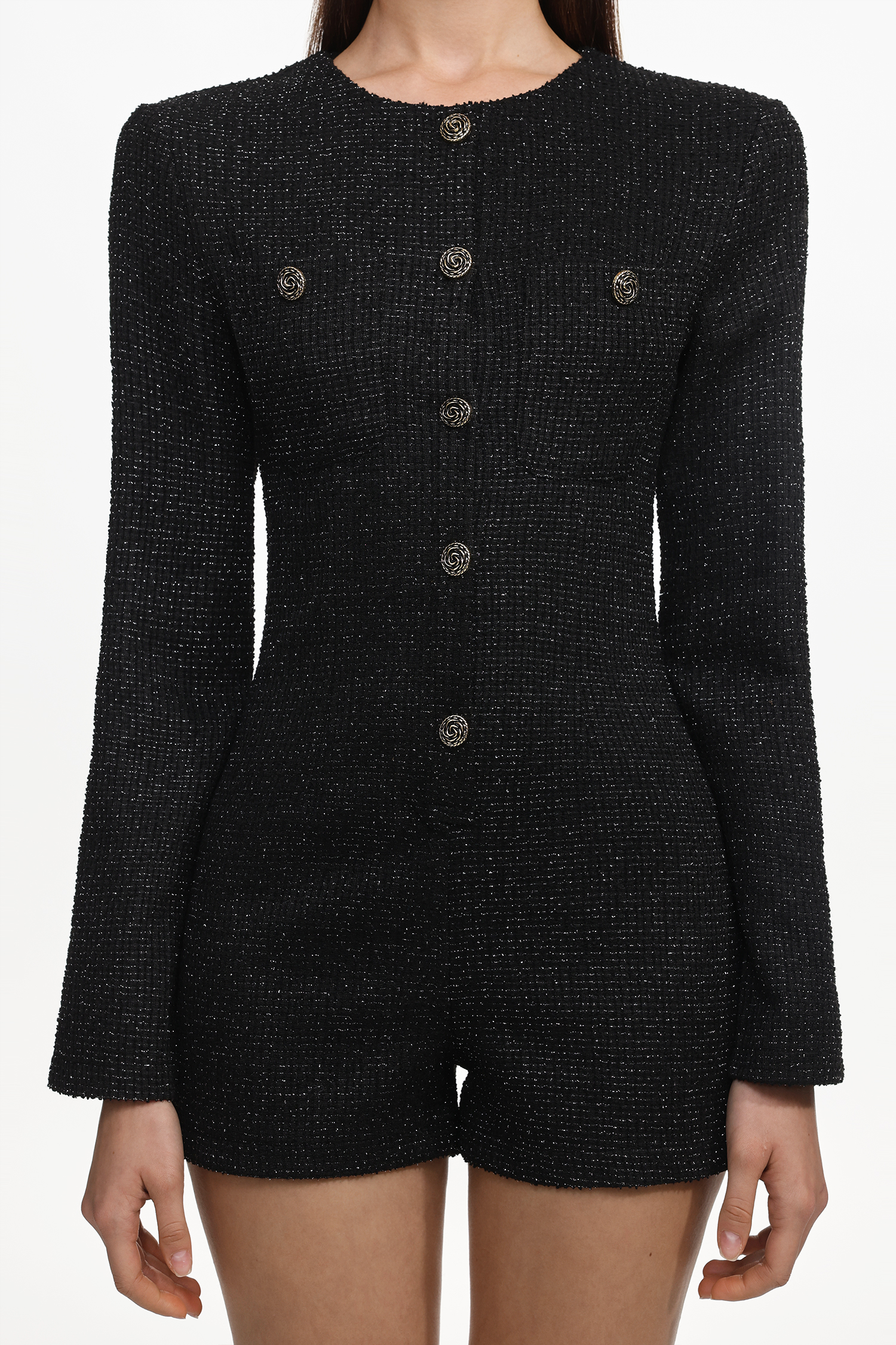 Vedasa Classic Tailored Round Neck Long Sleeve Buttoned Woven Mini Jumpsuit