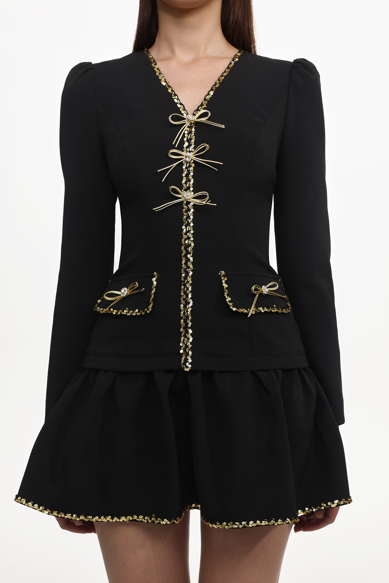 Winnie Chic Tailored V Neck Long Sleeve Gold-Trimmed Bow Ruffle Woven Mini Dress