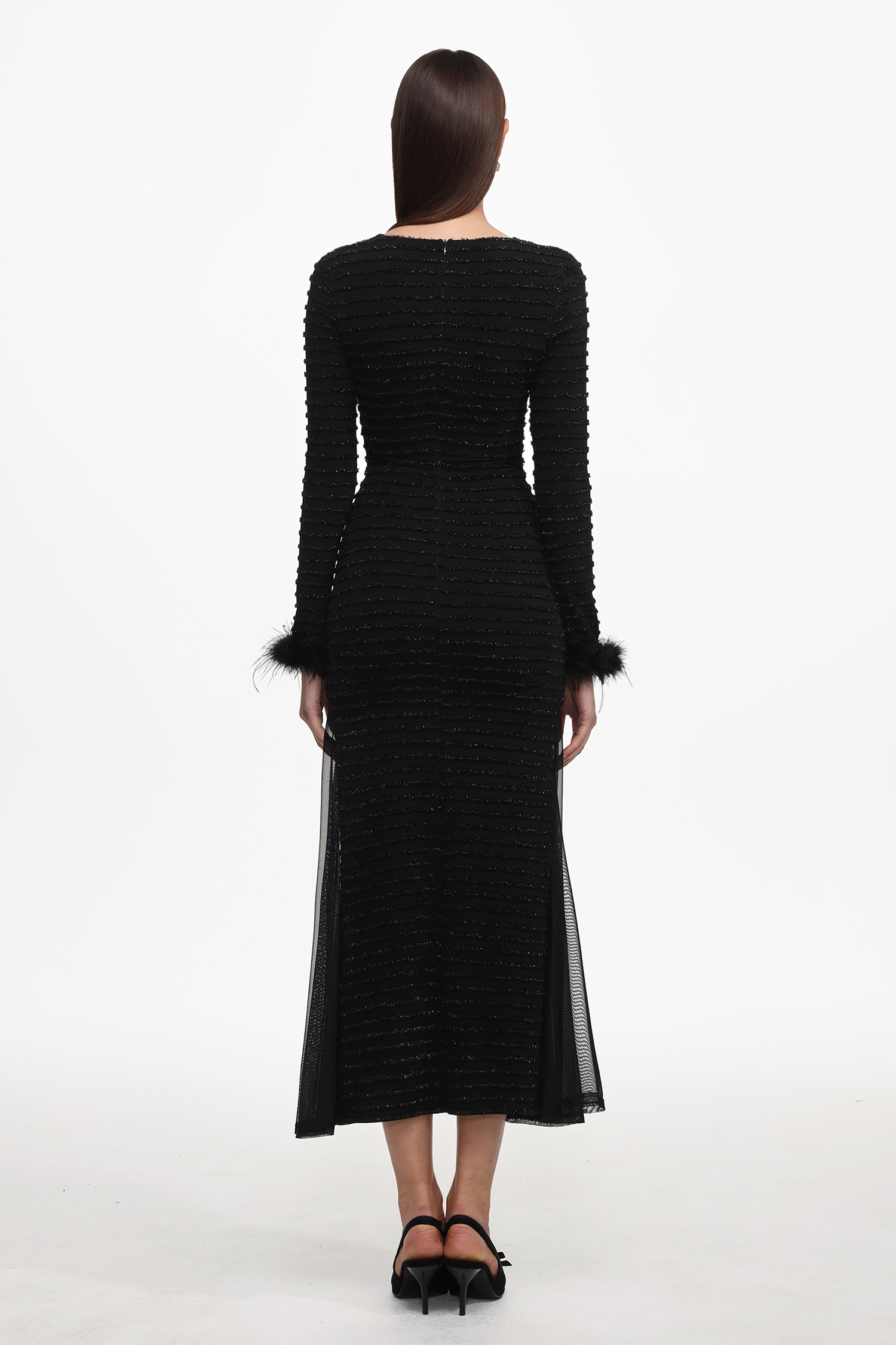 Paul Elegant Contour V Neck Long Sleeve Fluffy Slit Mesh Knit Maxi Dress