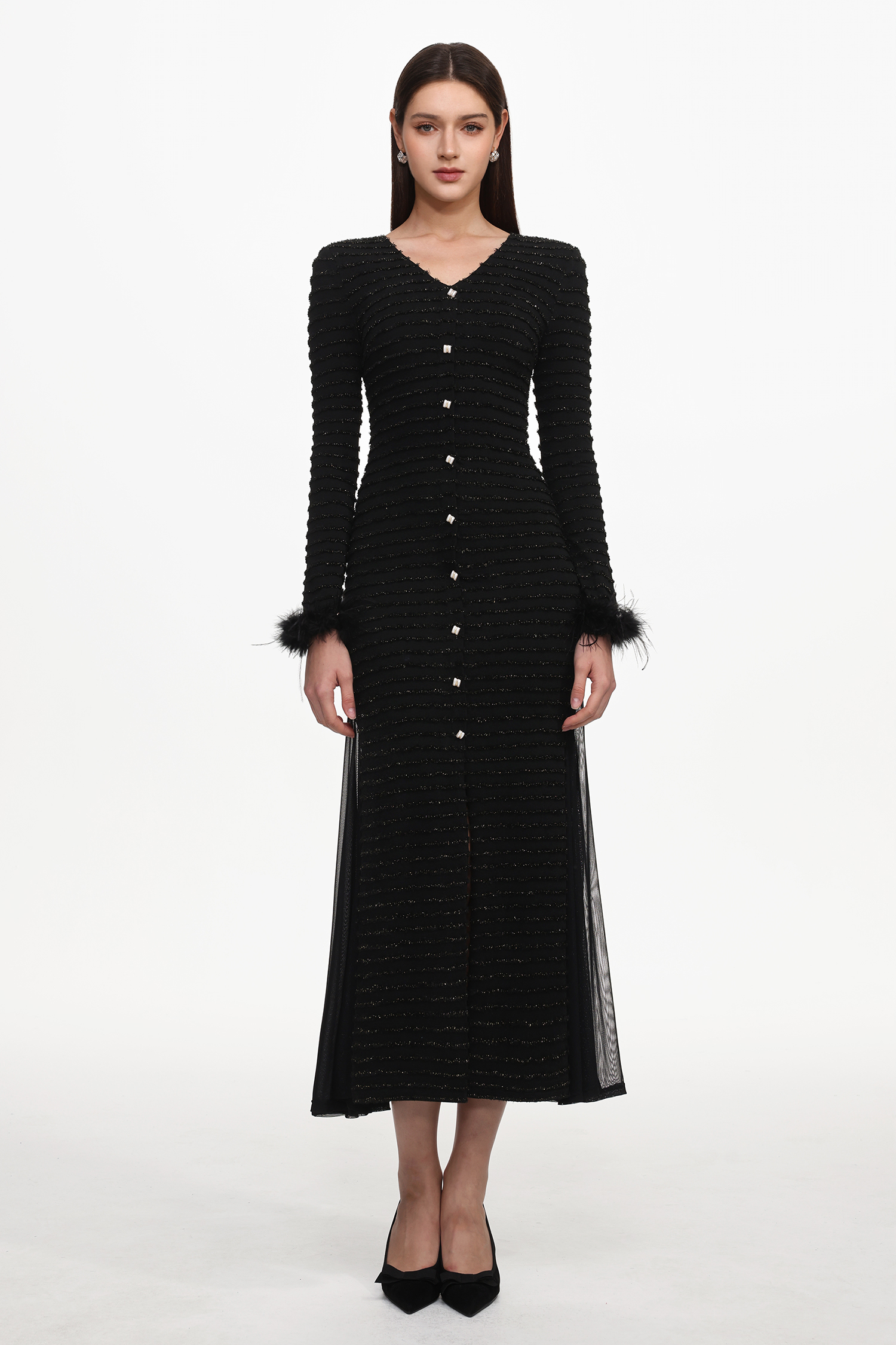 Paul Elegant Contour V Neck Long Sleeve Fluffy Slit Mesh Knit Maxi Dress