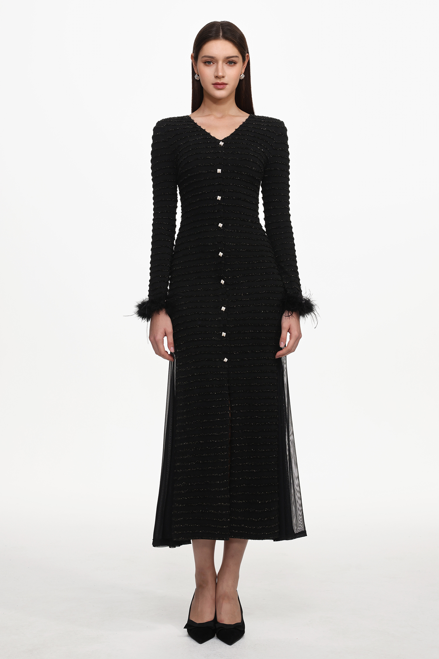 Paul Elegant Contour V Neck Long Sleeve Fluffy Slit Mesh Knit Maxi Dress