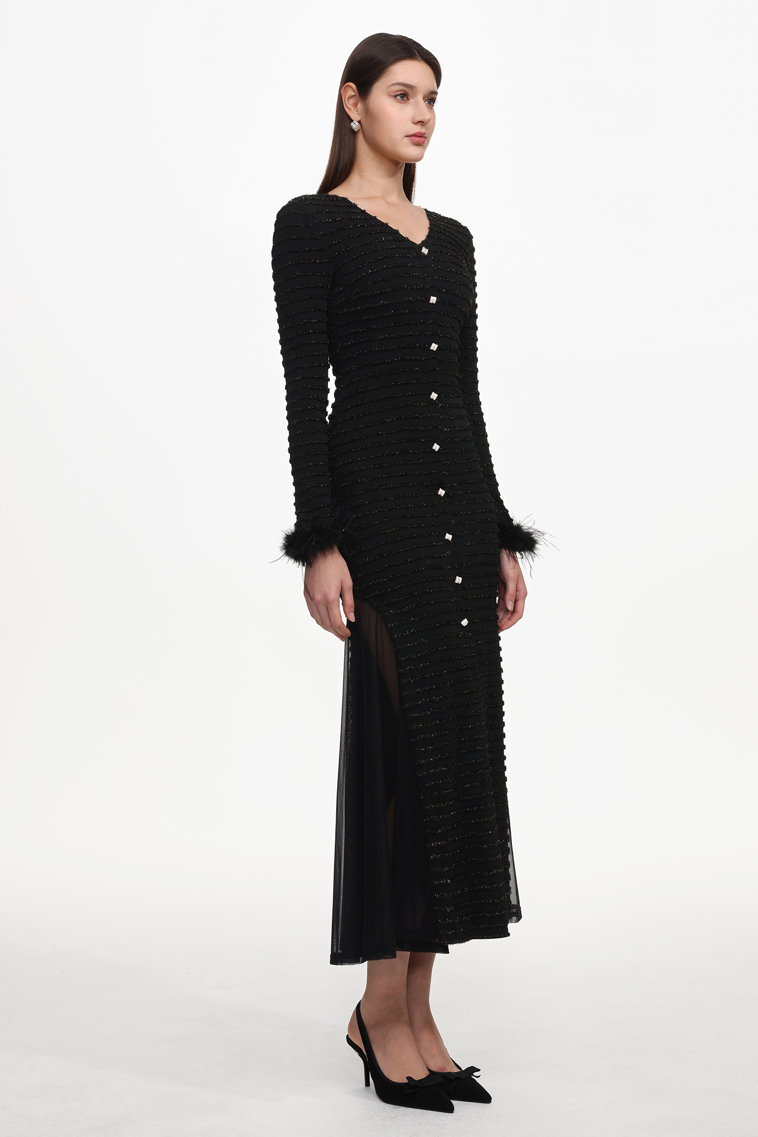 Paul Elegant Contour V Neck Long Sleeve Fluffy Slit Mesh Knit Maxi Dress