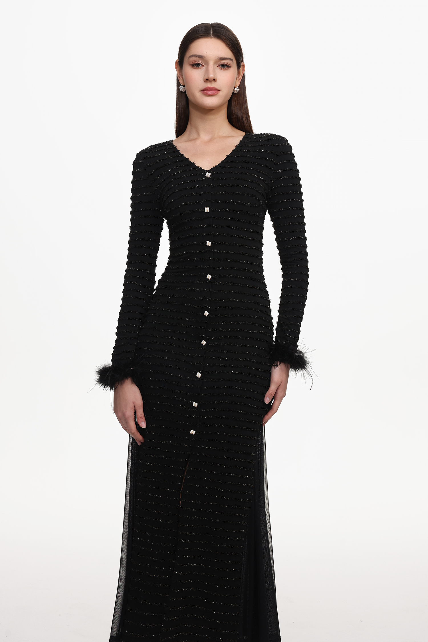 Paul Elegant Contour V Neck Long Sleeve Fluffy Slit Mesh Knit Maxi Dress