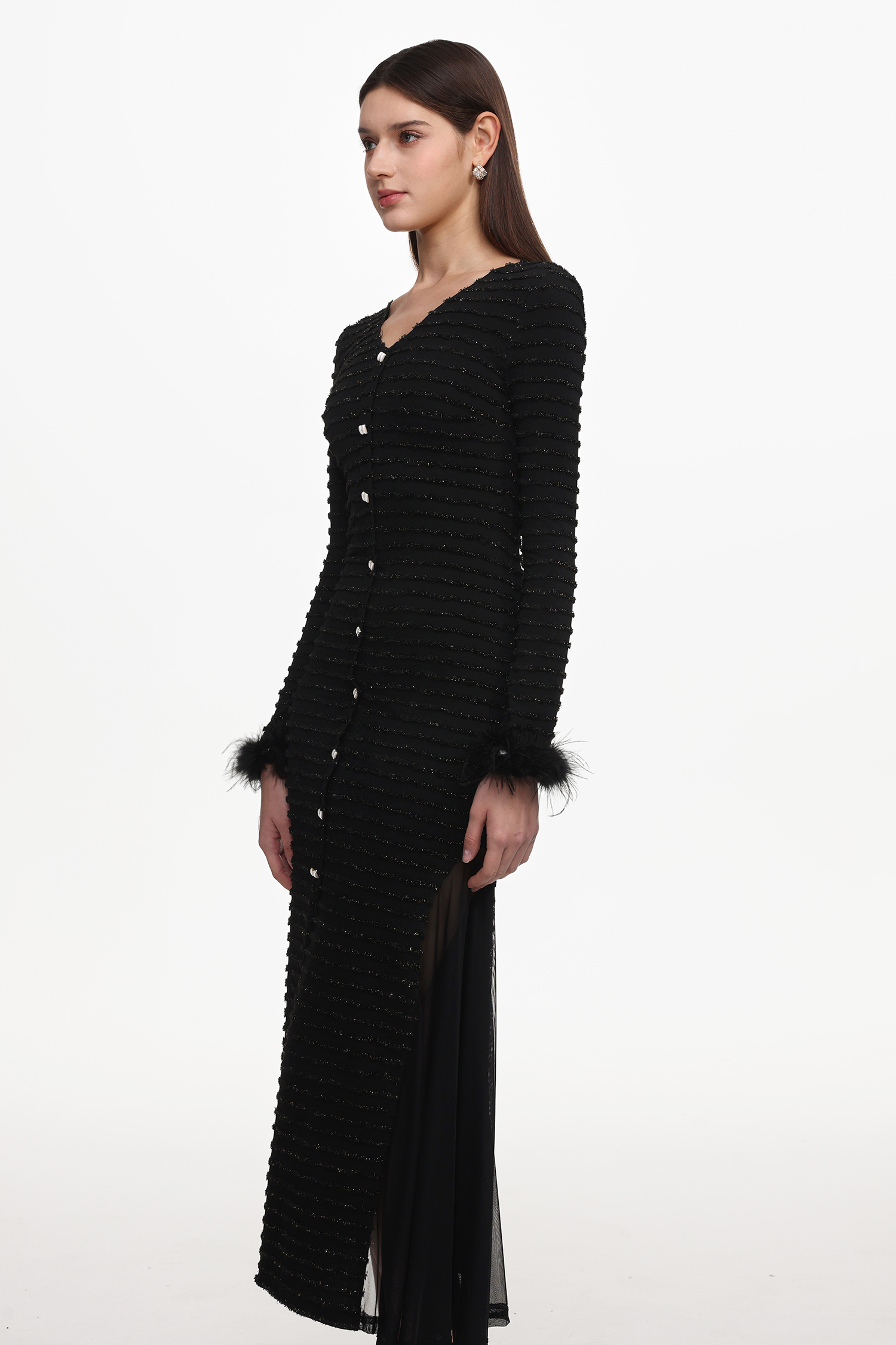 Paul Elegant Contour V Neck Long Sleeve Fluffy Slit Mesh Knit Maxi Dress