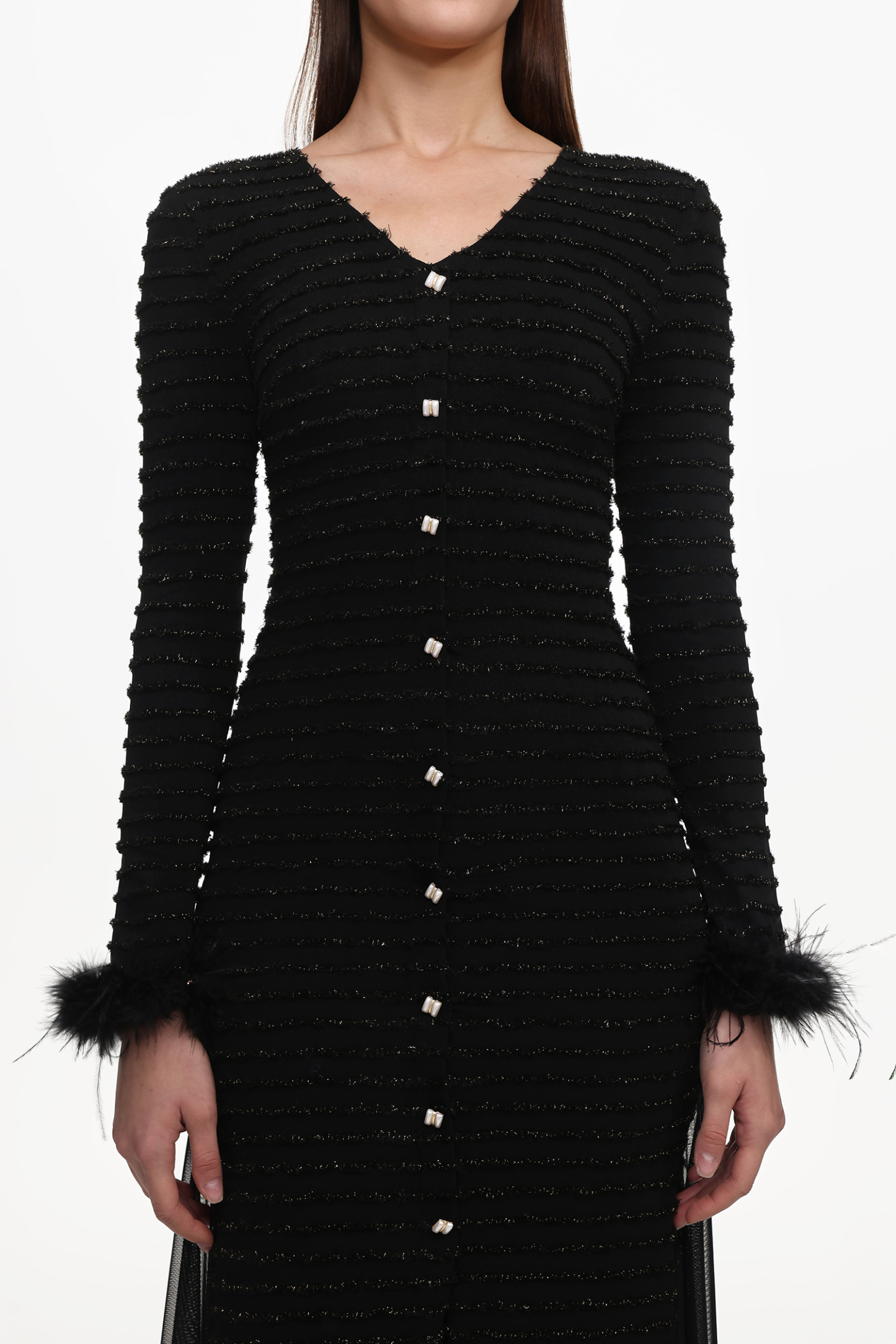 Paul Elegant Contour V Neck Long Sleeve Fluffy Slit Mesh Knit Maxi Dress