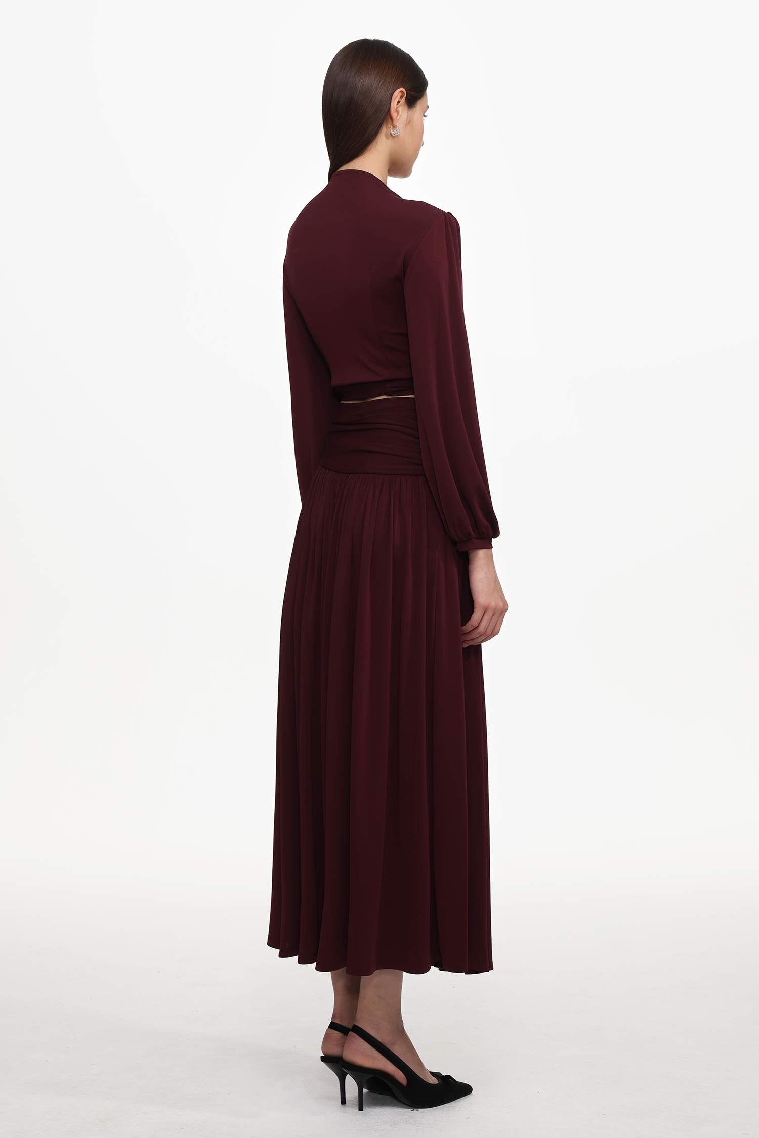 Nailah Resort Flowy V Neck Long Sleeve Ruched Woven Top And Skirt Set