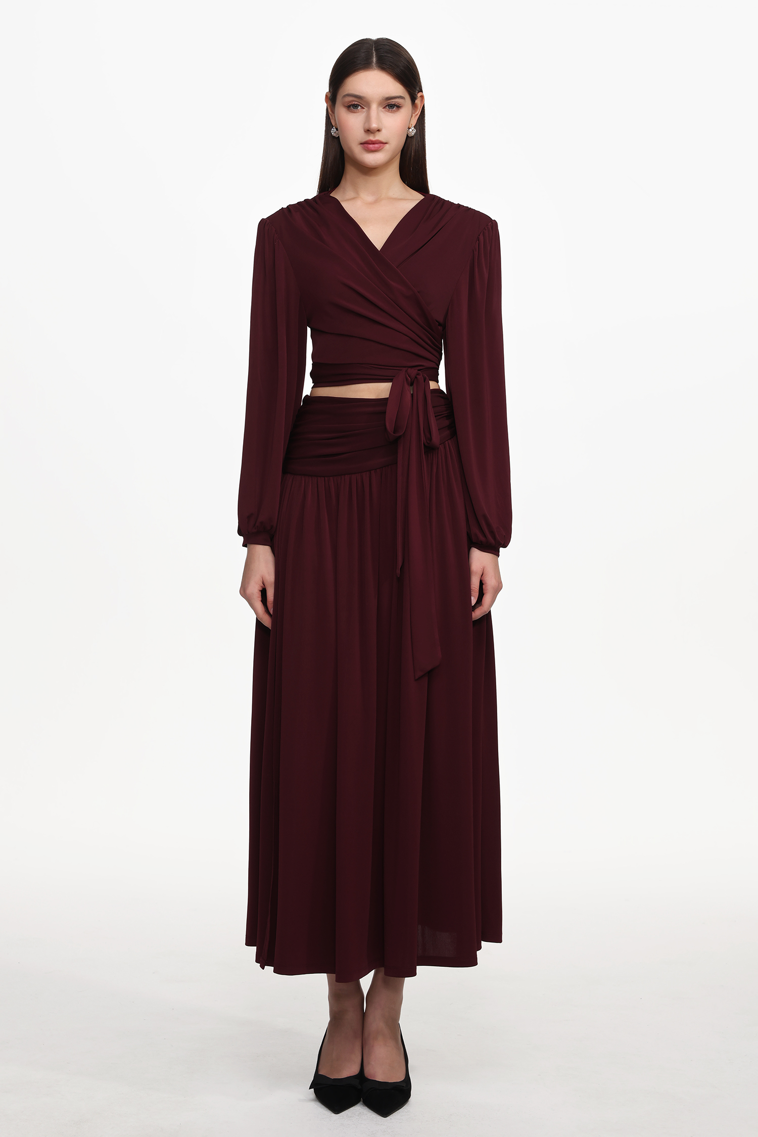 Nailah Resort Flowy V Neck Long Sleeve Ruched Woven Top And Skirt Set