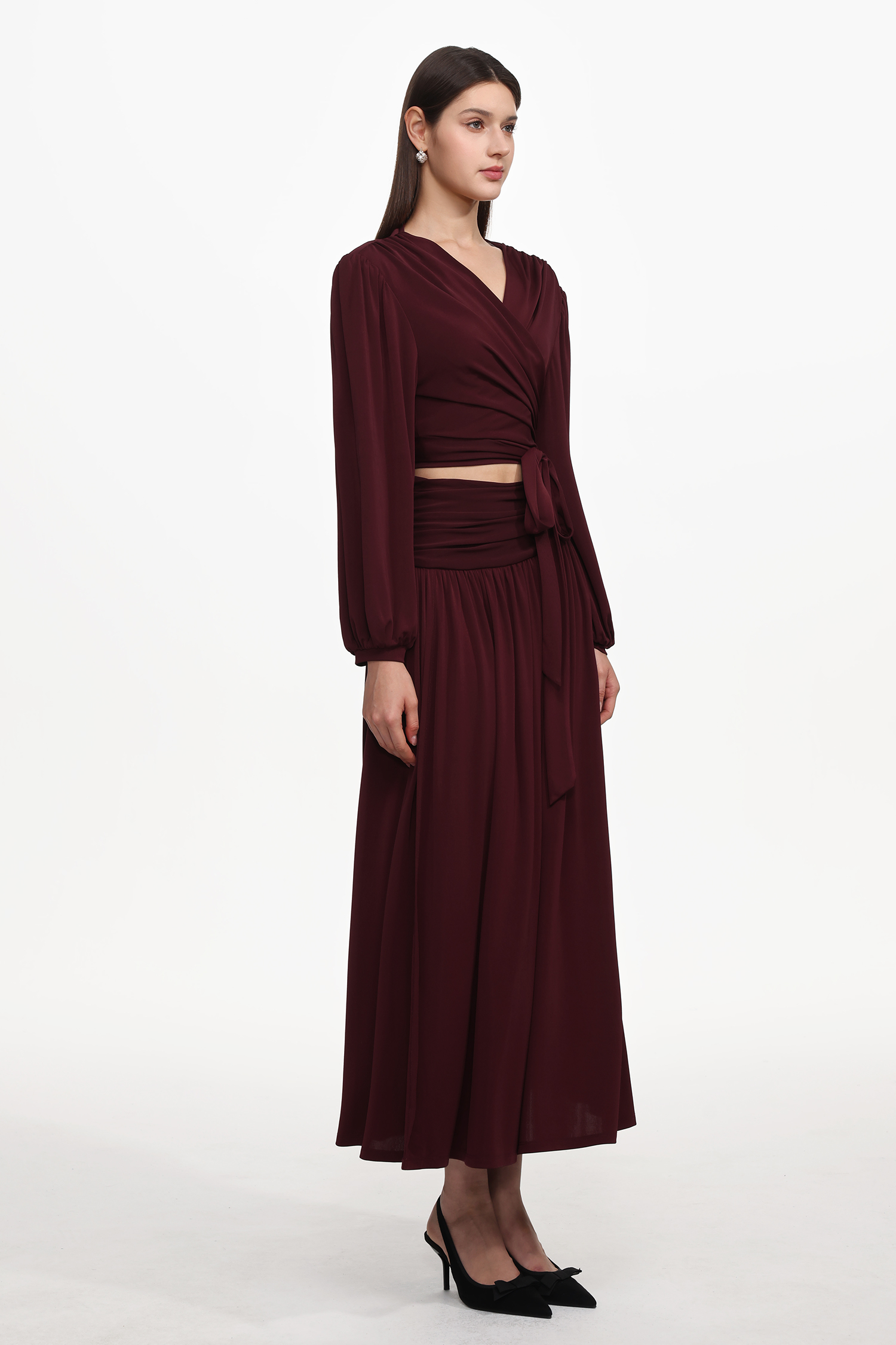 Nailah Resort Flowy V Neck Long Sleeve Ruched Woven Top And Skirt Set