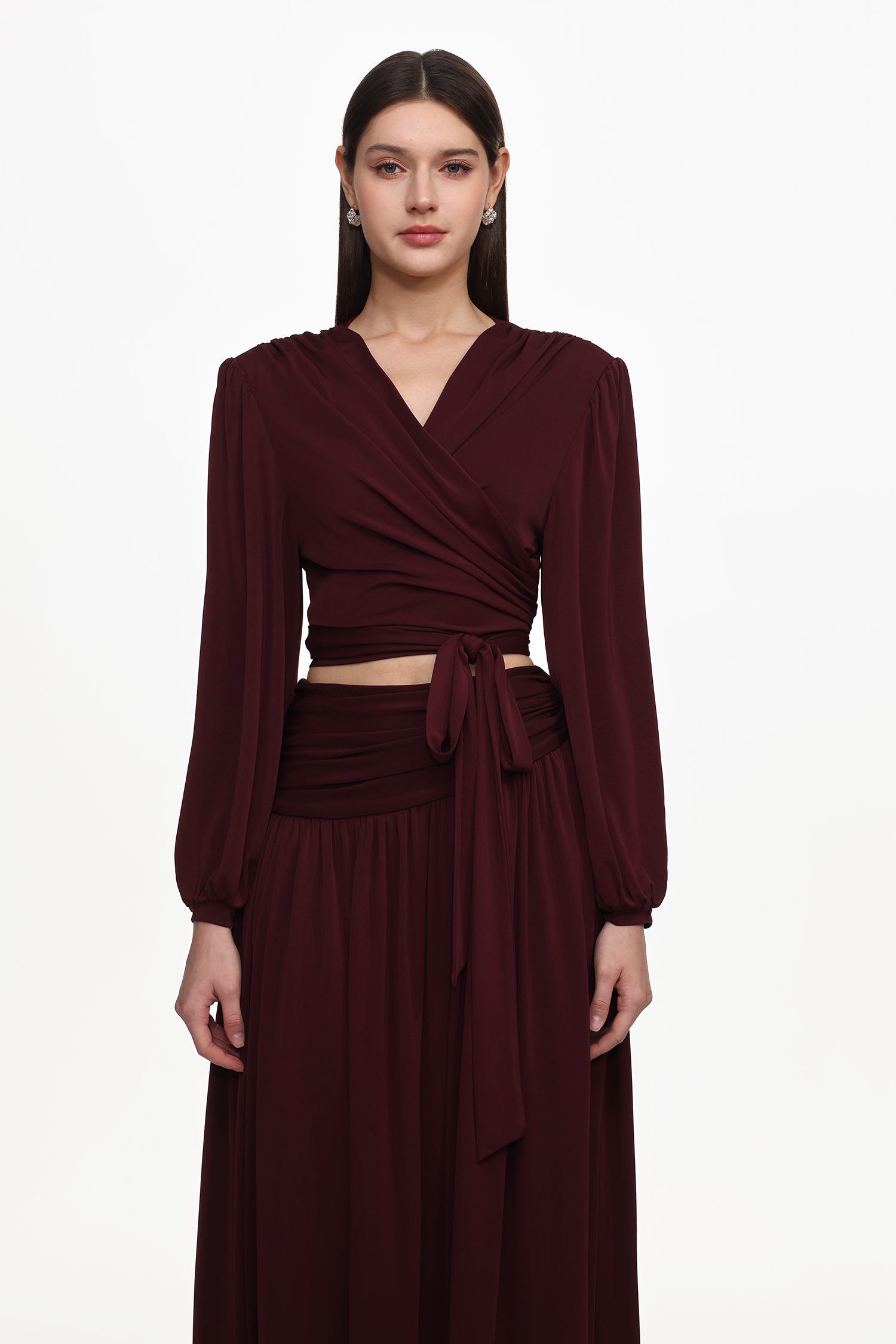 Nailah Resort Flowy V Neck Long Sleeve Ruched Woven Top And Skirt Set