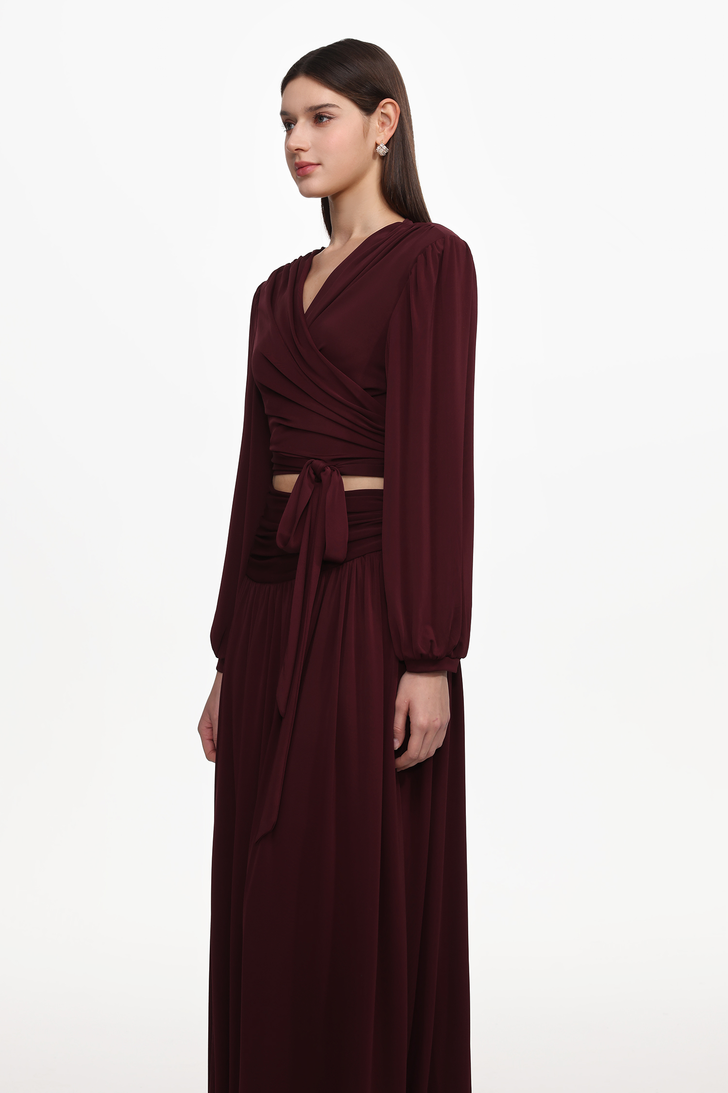 Nailah Resort Flowy V Neck Long Sleeve Ruched Woven Top And Skirt Set