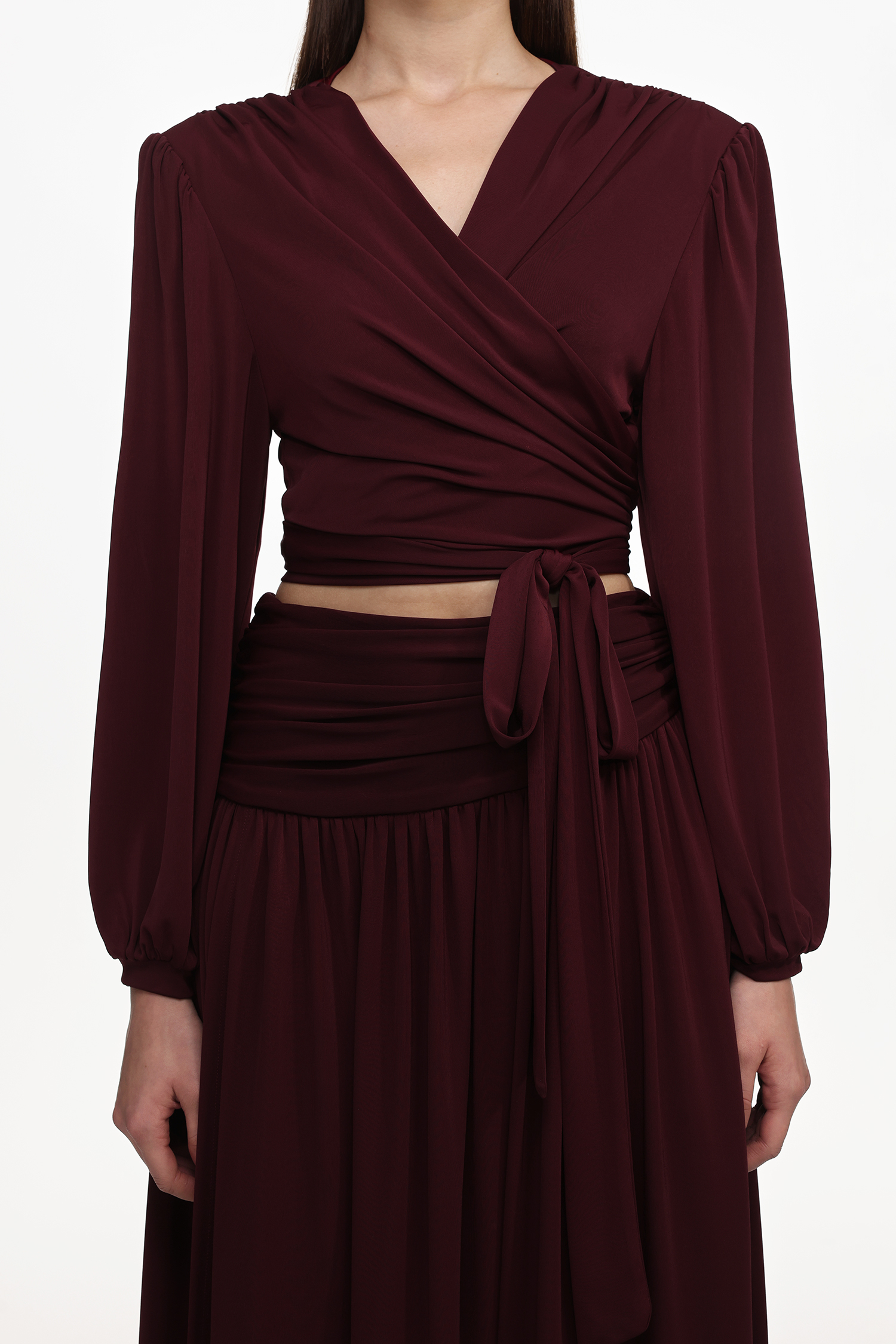 Nailah Resort Flowy V Neck Long Sleeve Ruched Woven Top And Skirt Set