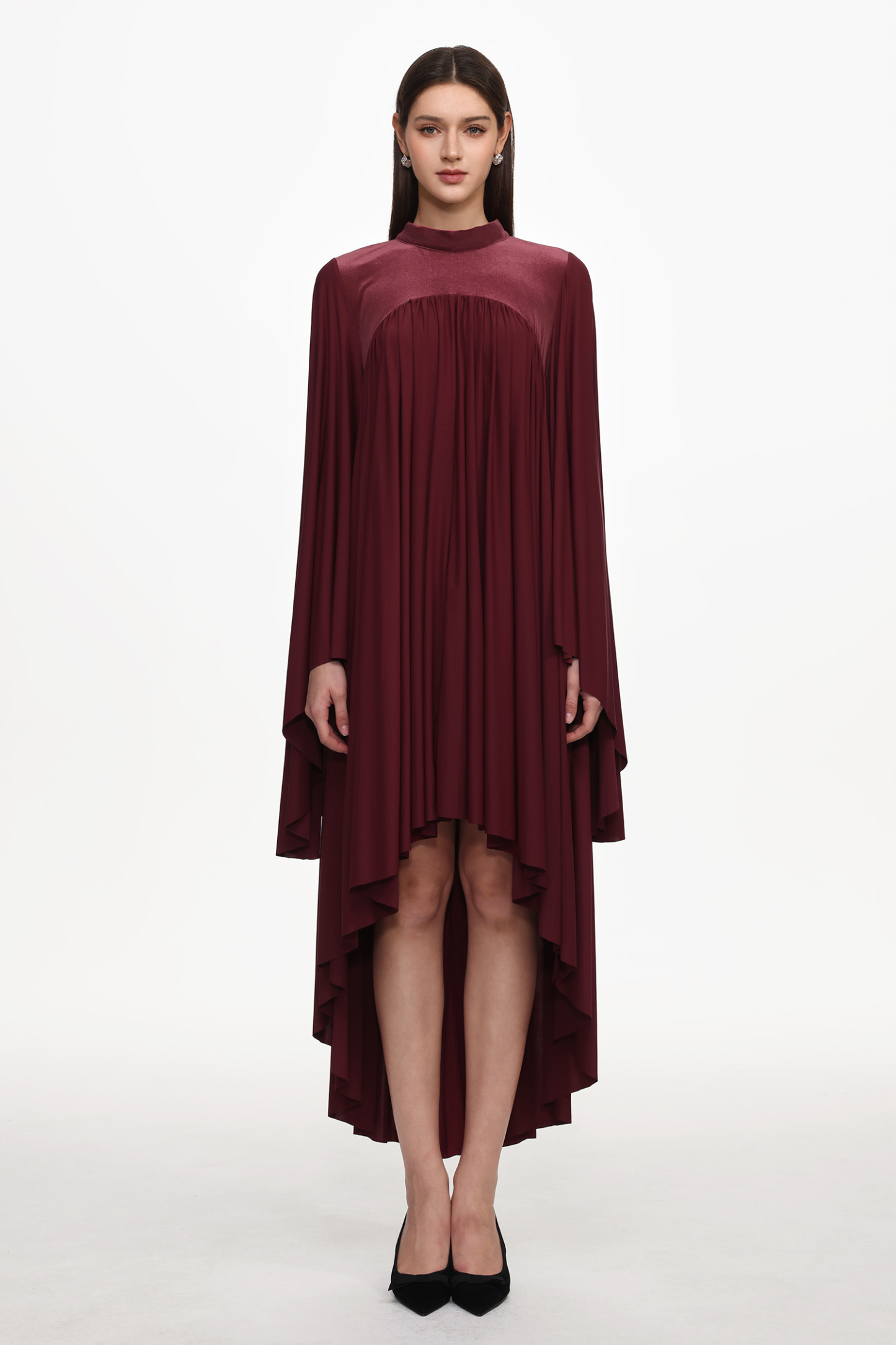 Suly Resort Flowy Long Sleeve Pleated Woven Red Maxi Dress