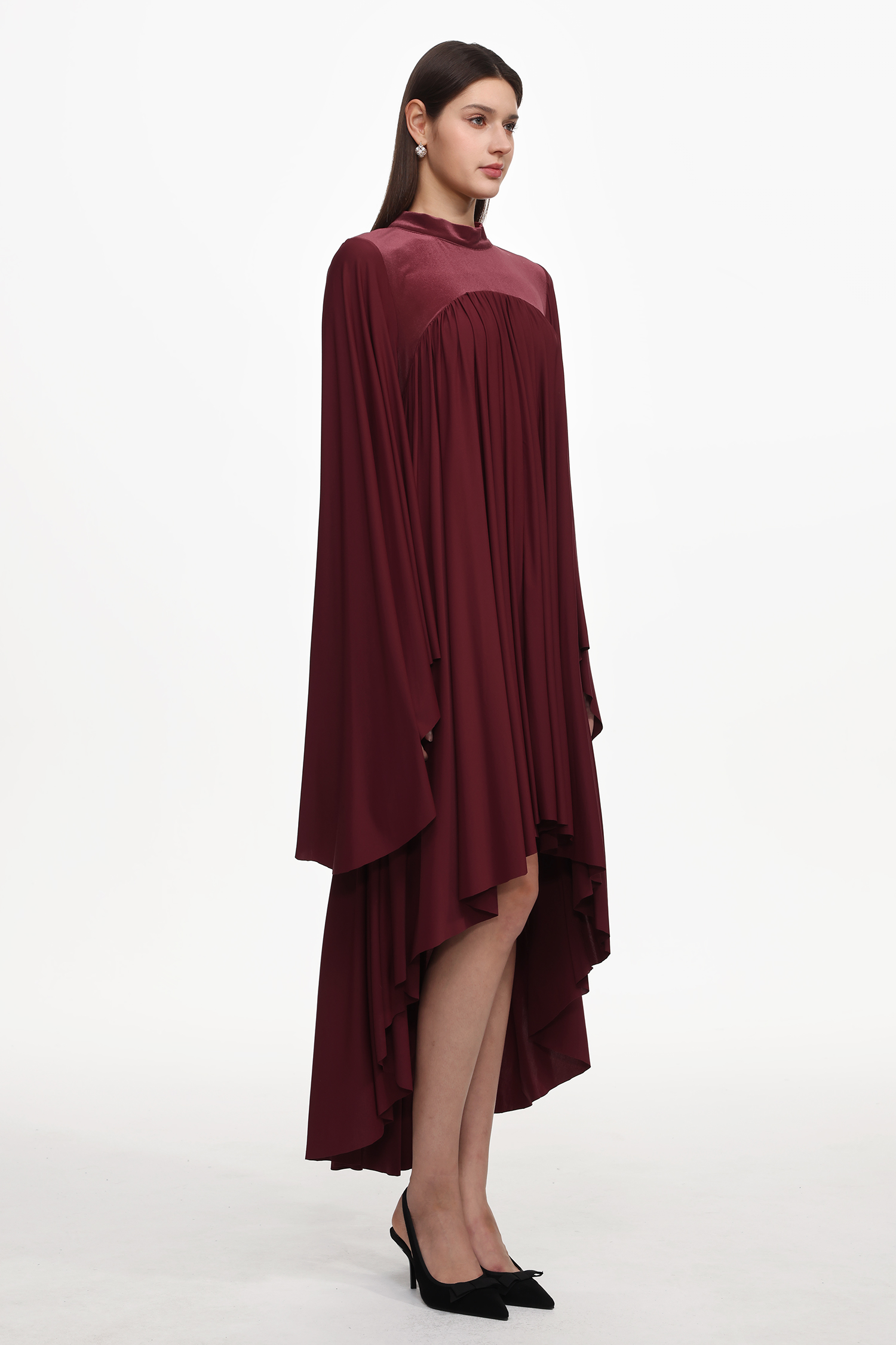 Suly Resort Flowy Long Sleeve Pleated Woven Red Maxi Dress