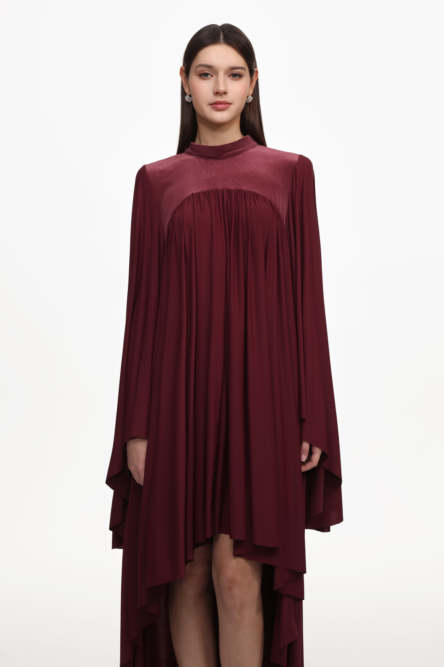 Suly Resort Flowy Long Sleeve Pleated Woven Red Maxi Dress