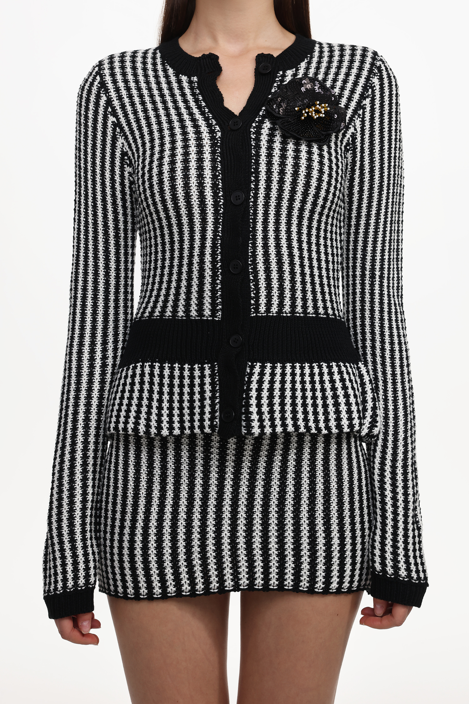 Nikola Classic Contour Long Sleeve Stripe Knit Top And Skirt Set