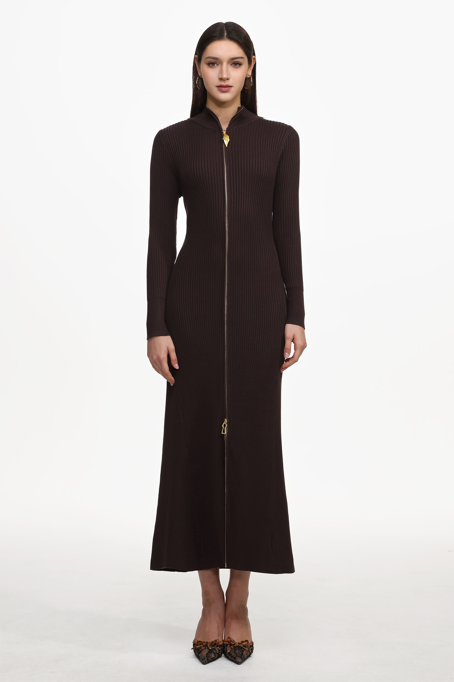 Evvie Chic Contour Long Sleeve Front Zip Knit Maxi Dress