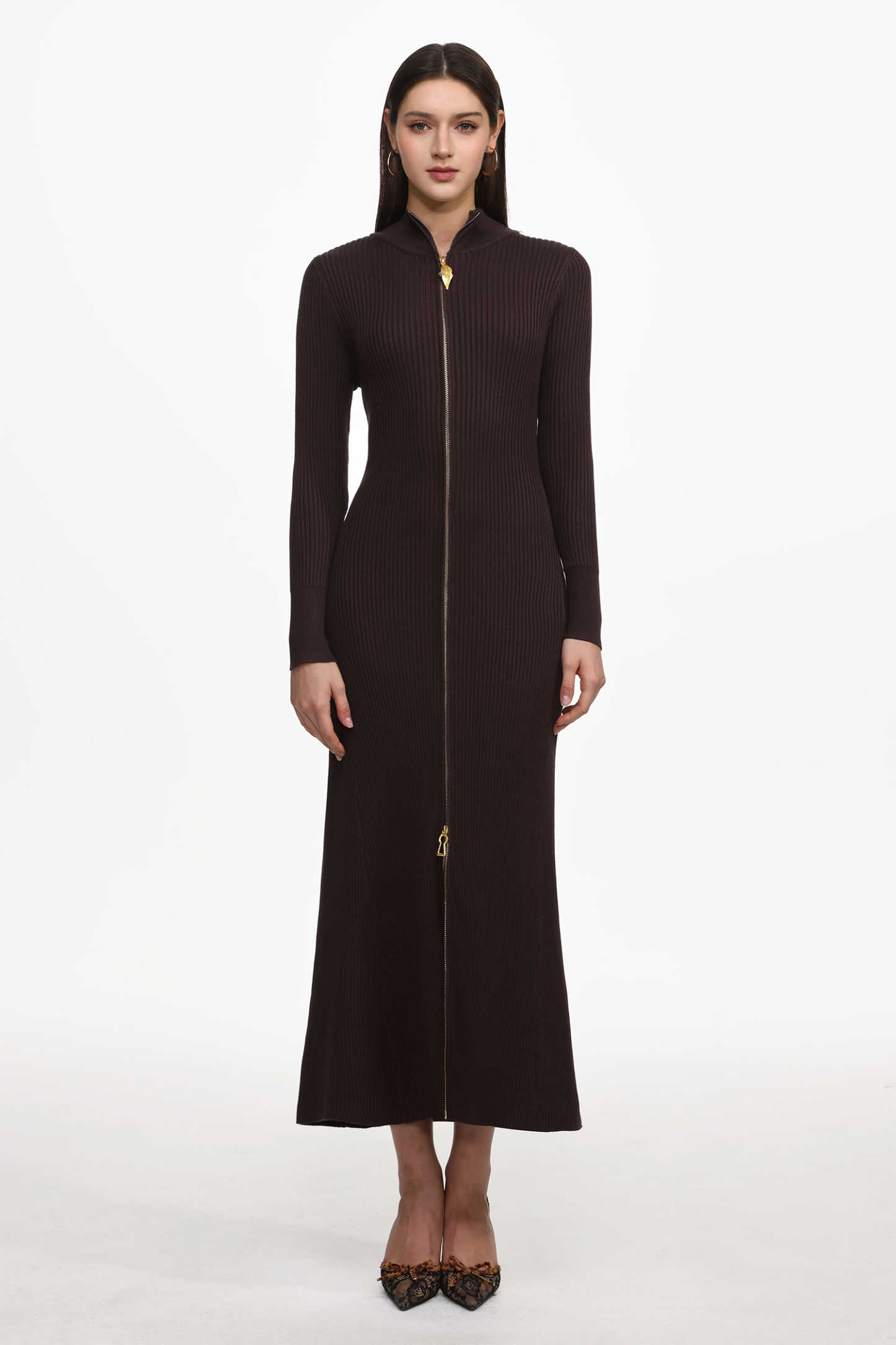 Evvie Chic Contour Long Sleeve Front Zip Knit Maxi Dress