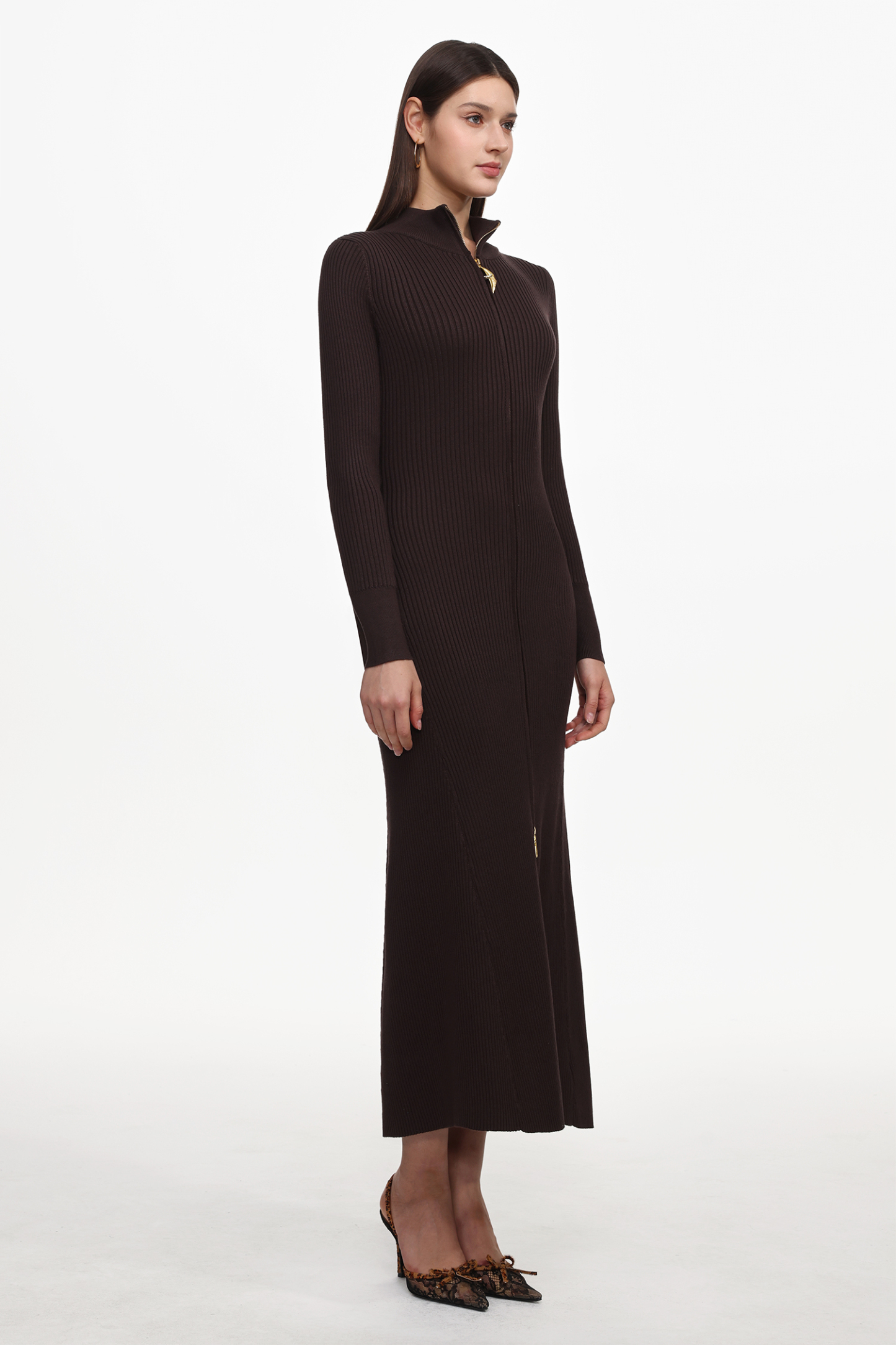 Evvie Chic Contour Long Sleeve Front Zip Knit Maxi Dress