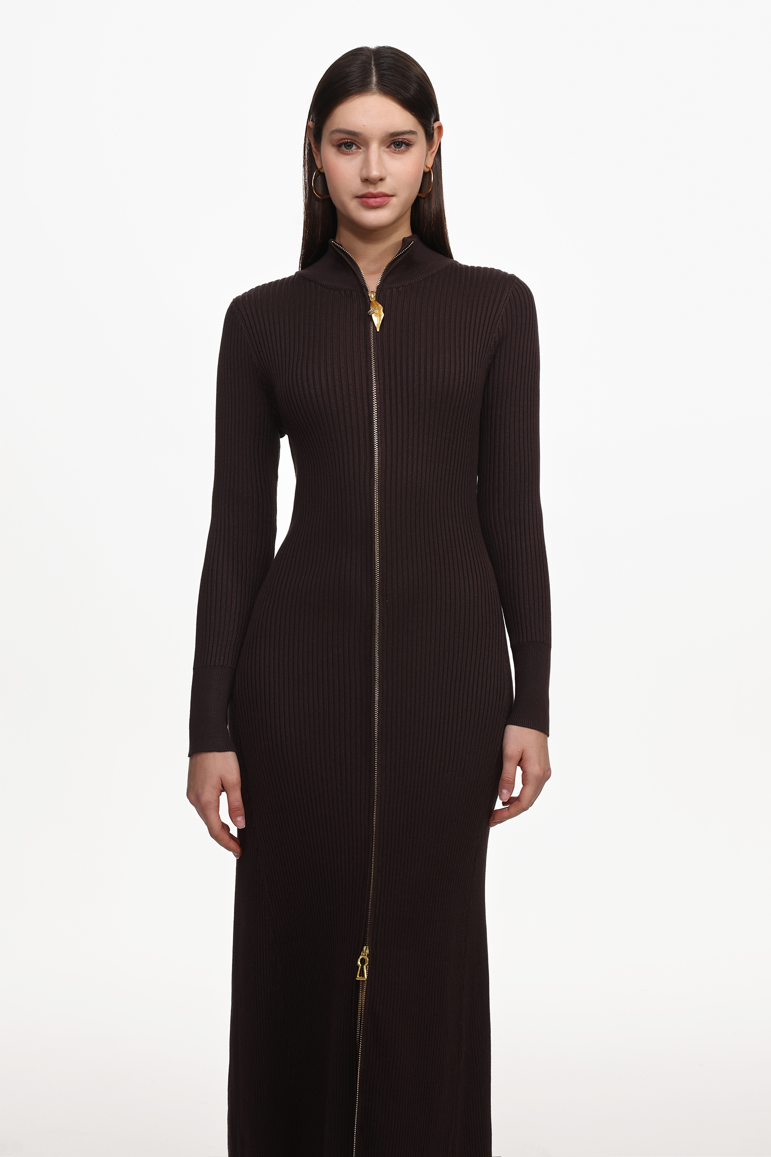 Evvie Chic Contour Long Sleeve Front Zip Knit Maxi Dress