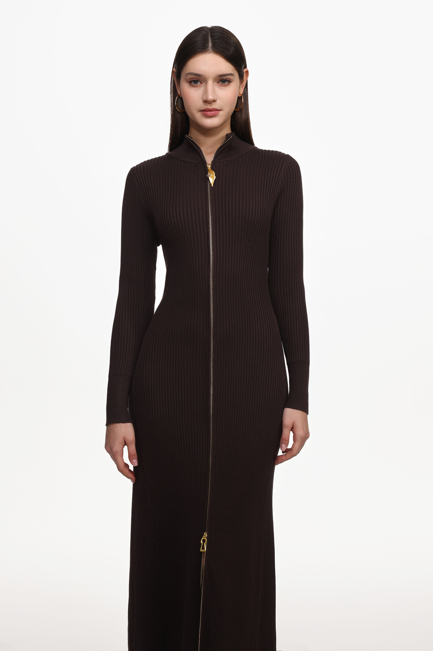 Evvie Chic Contour Long Sleeve Front Zip Knit Maxi Dress