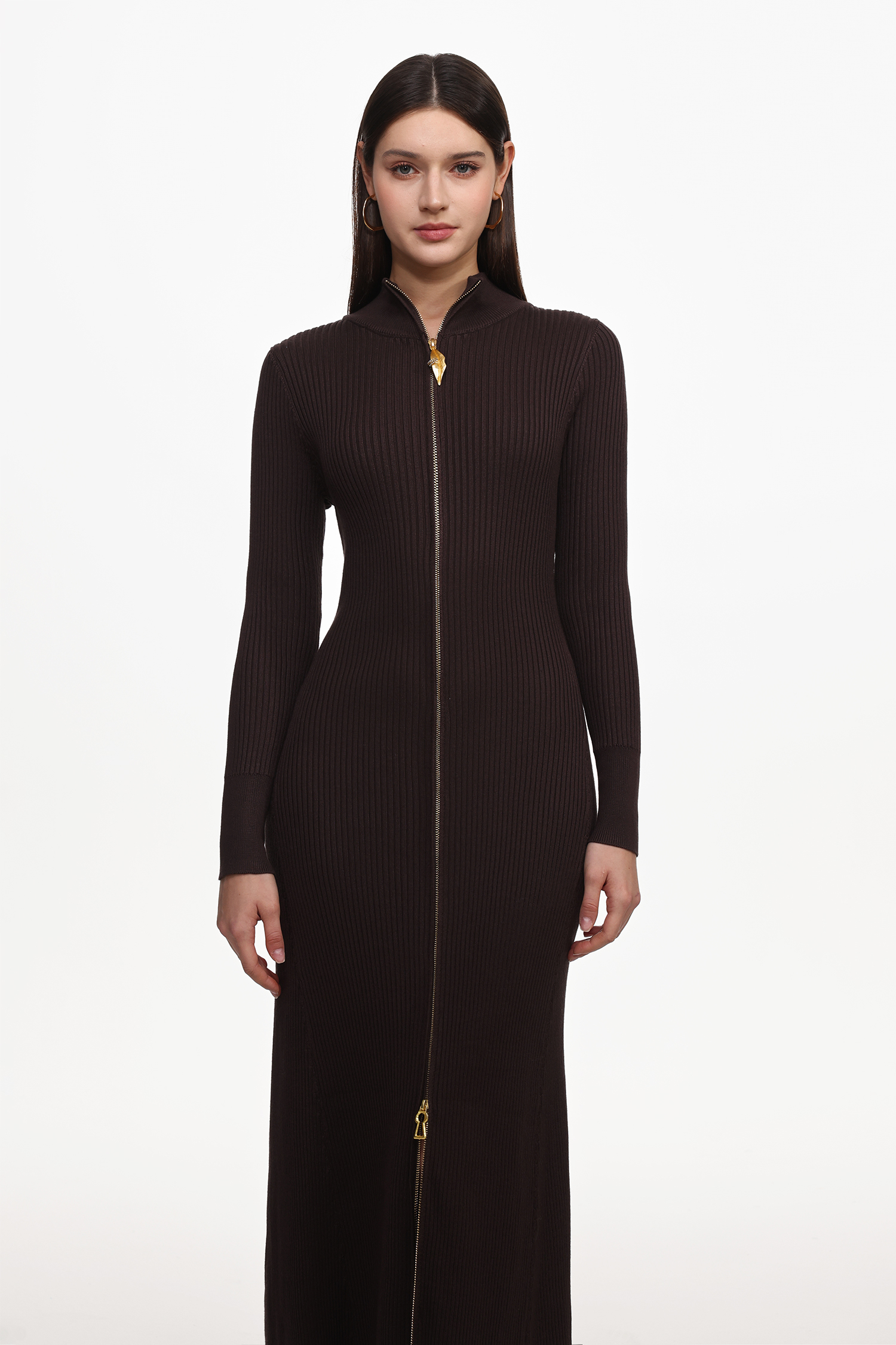 Evvie Chic Contour Long Sleeve Front Zip Knit Maxi Dress