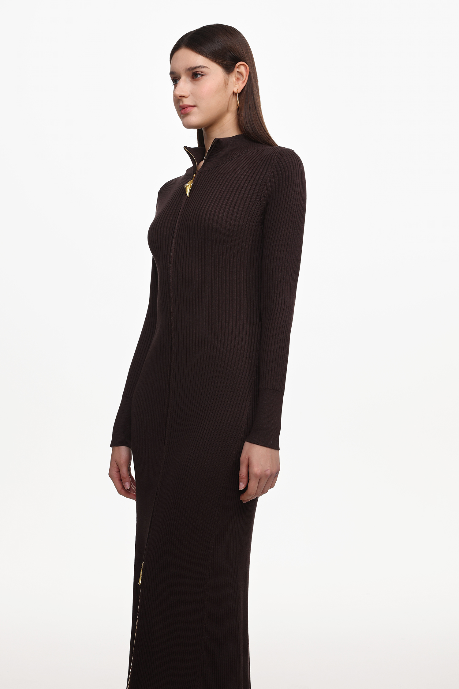 Evvie Chic Contour Long Sleeve Front Zip Knit Maxi Dress
