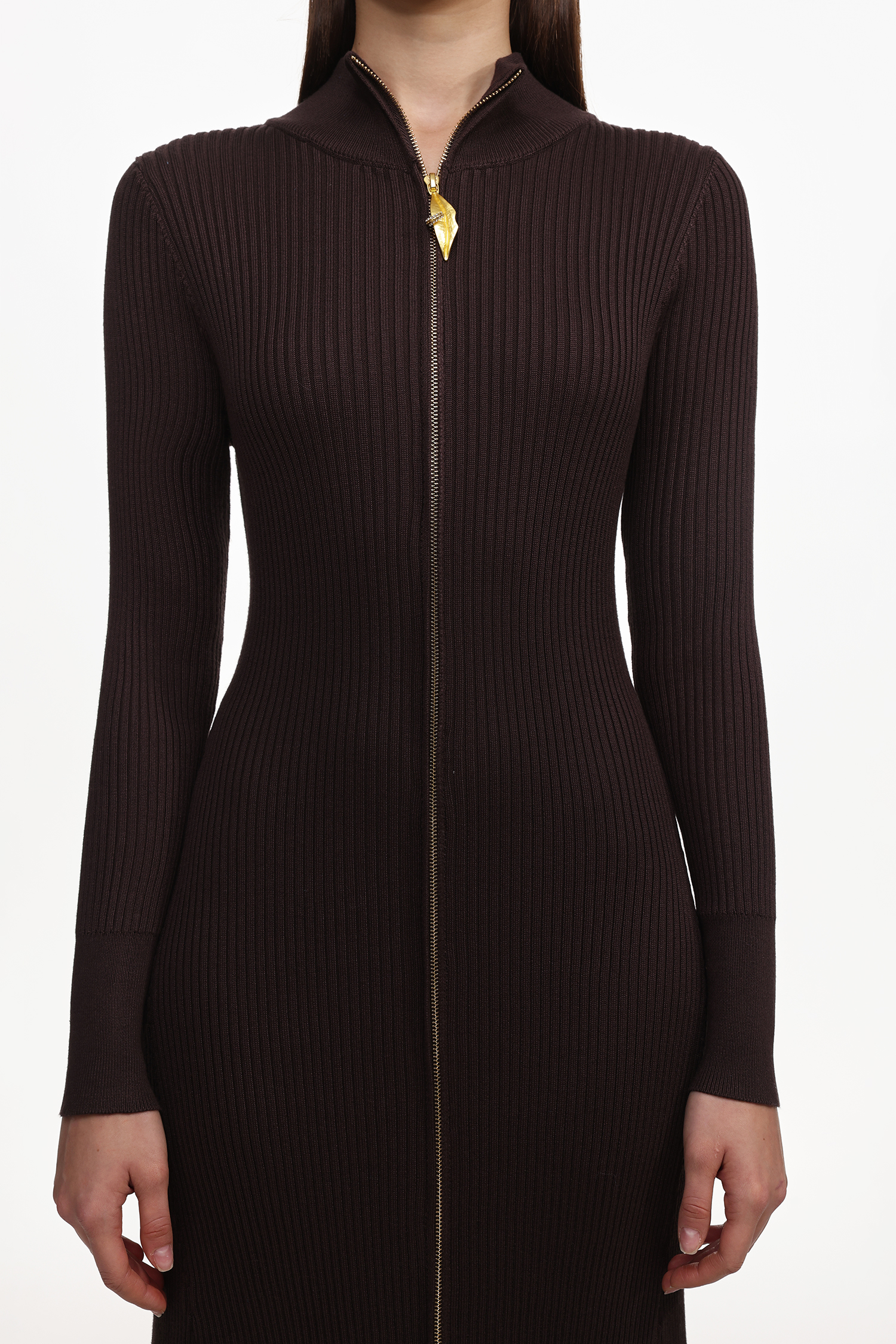 Evvie Chic Contour Long Sleeve Front Zip Knit Maxi Dress