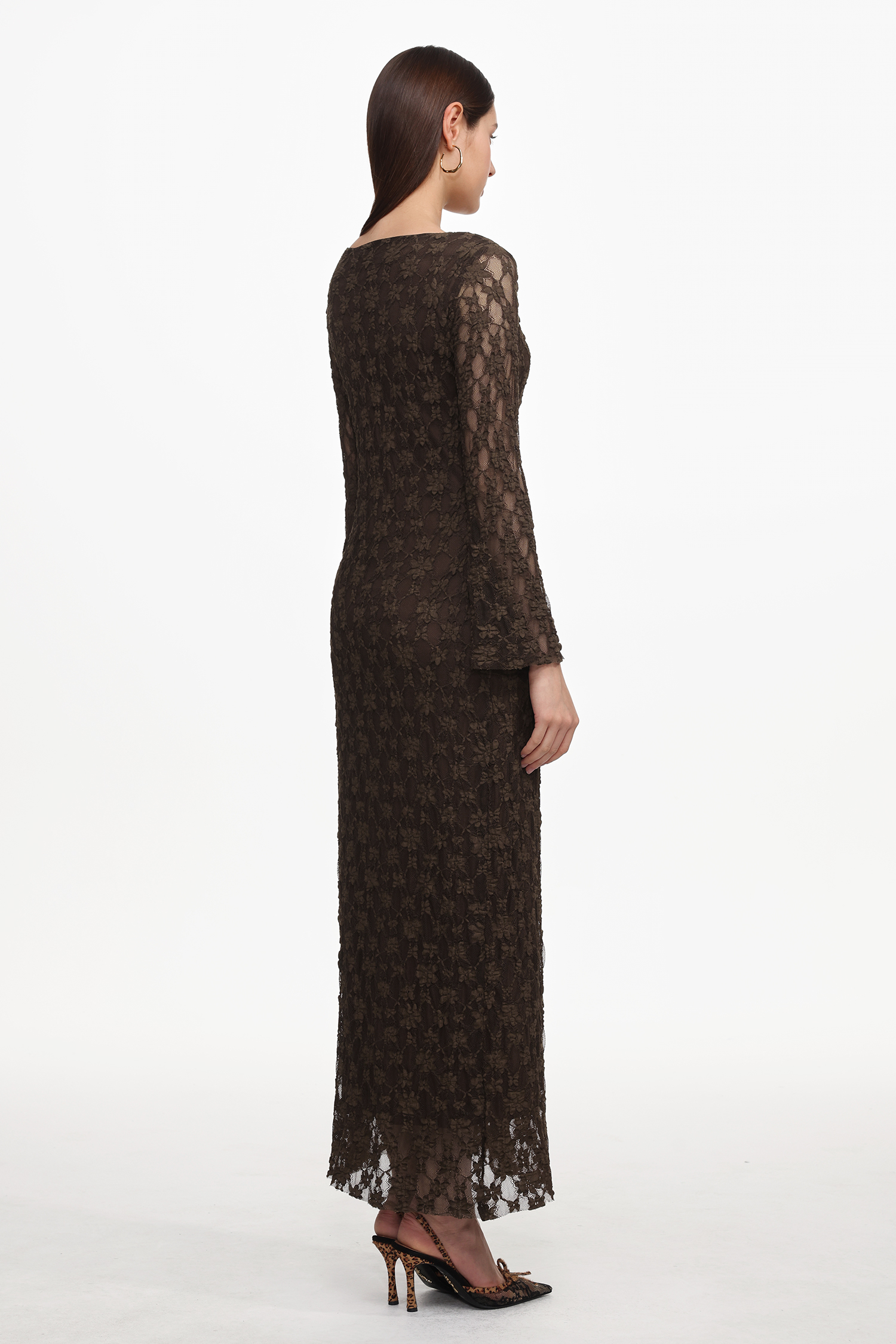 Kyli Elegant Flowy Long Sleeve Lace Knit Maxi Dress