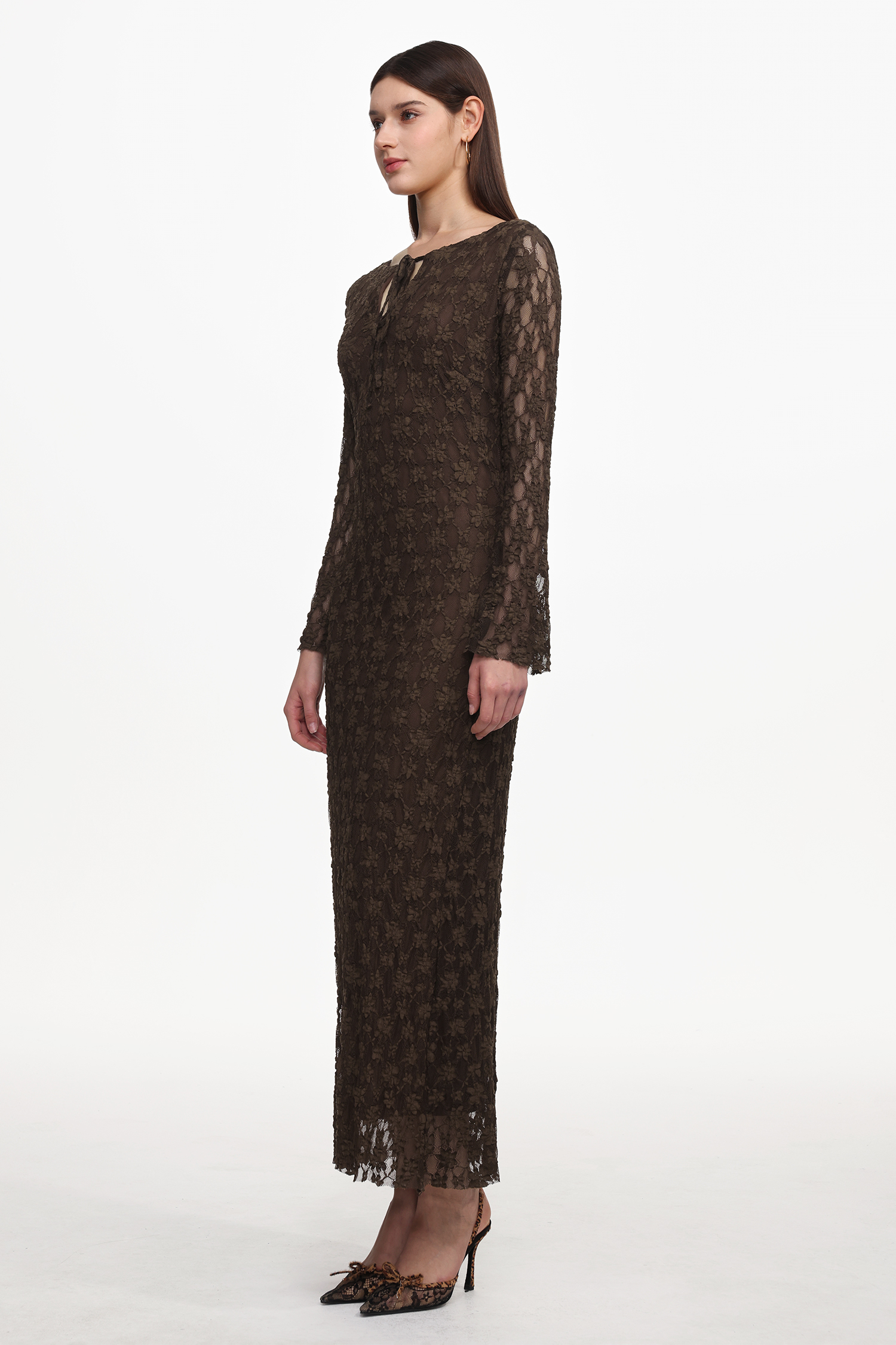 Kyli Elegant Flowy Long Sleeve Lace Knit Maxi Dress