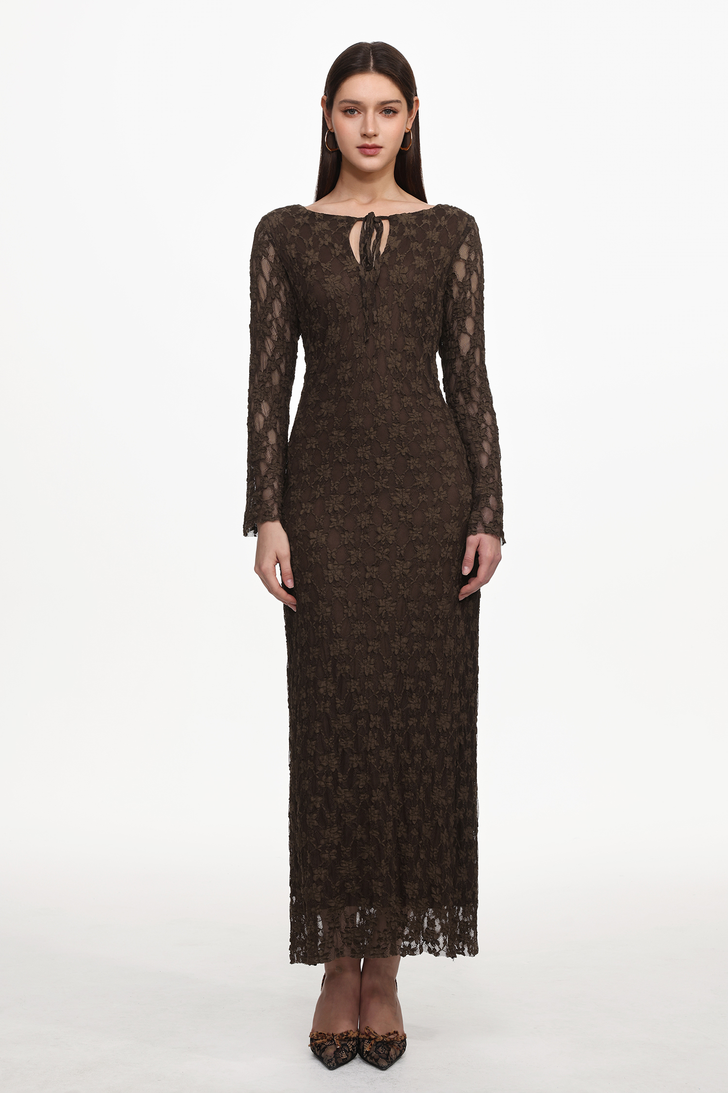 Kyli Elegant Flowy Long Sleeve Lace Knit Maxi Dress