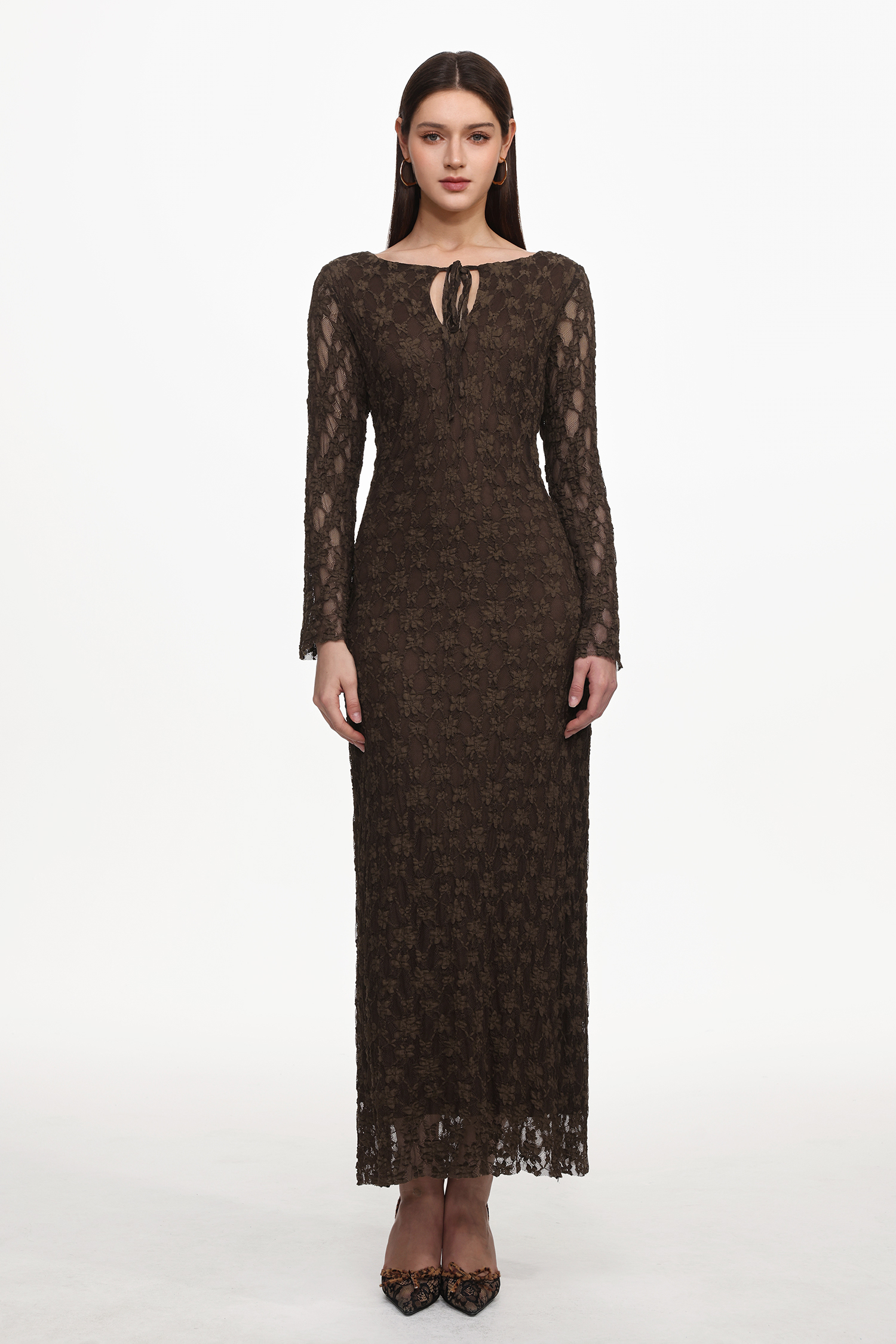 Kyli Elegant Flowy Long Sleeve Lace Knit Maxi Dress