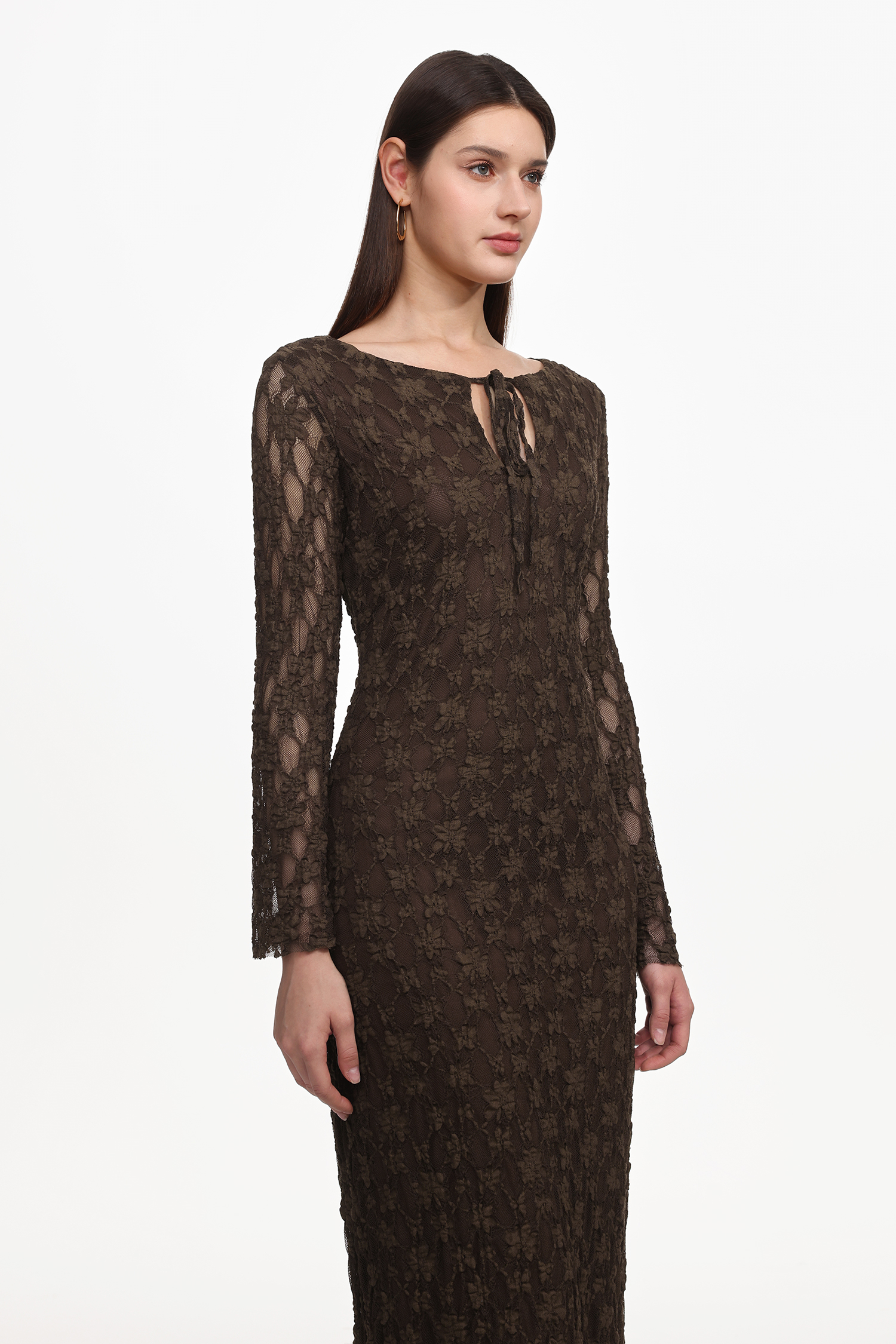 Kyli Elegant Flowy Long Sleeve Lace Knit Maxi Dress