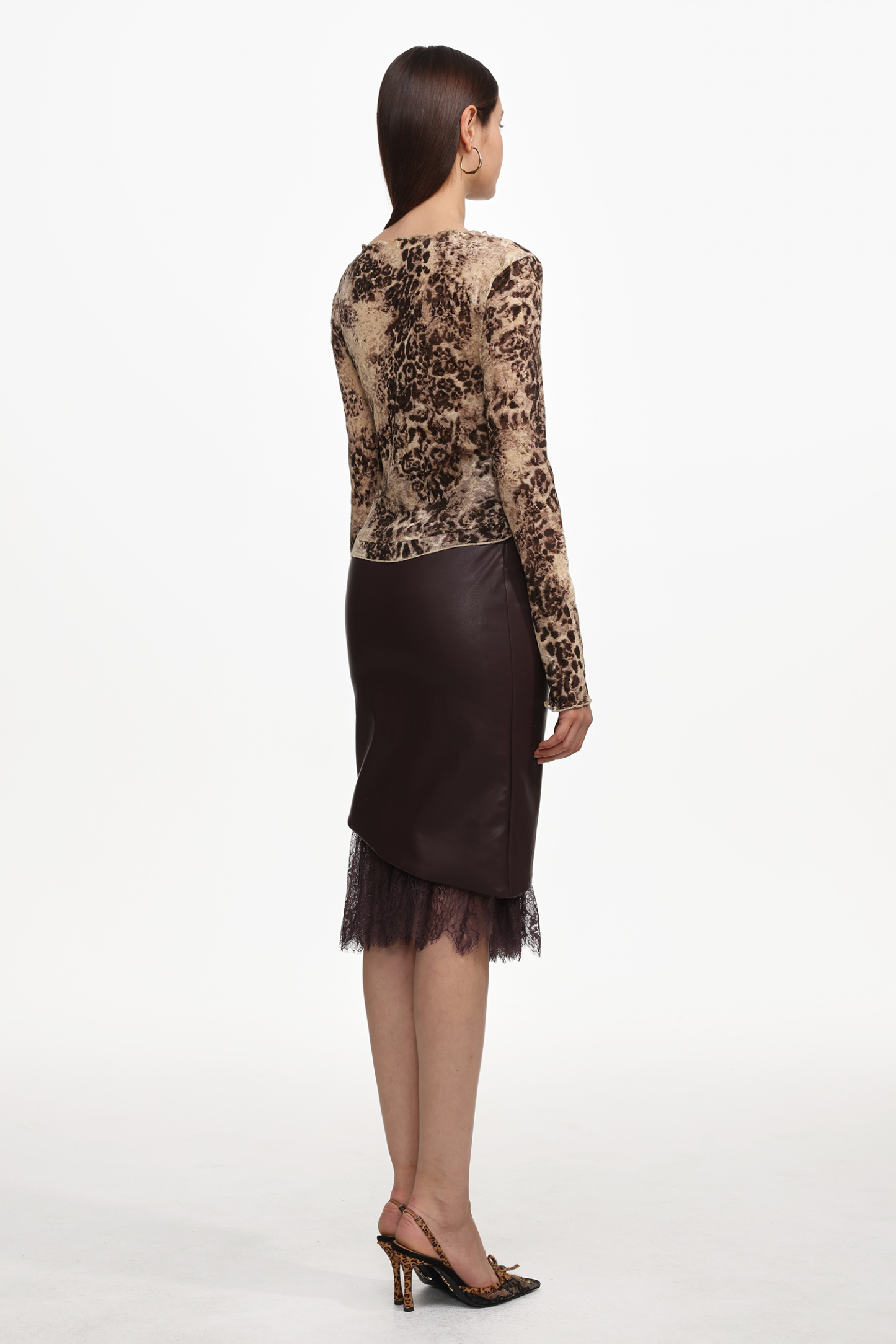 Yuhie Vintage Flocked  Top And Faux Leather Skirt Set