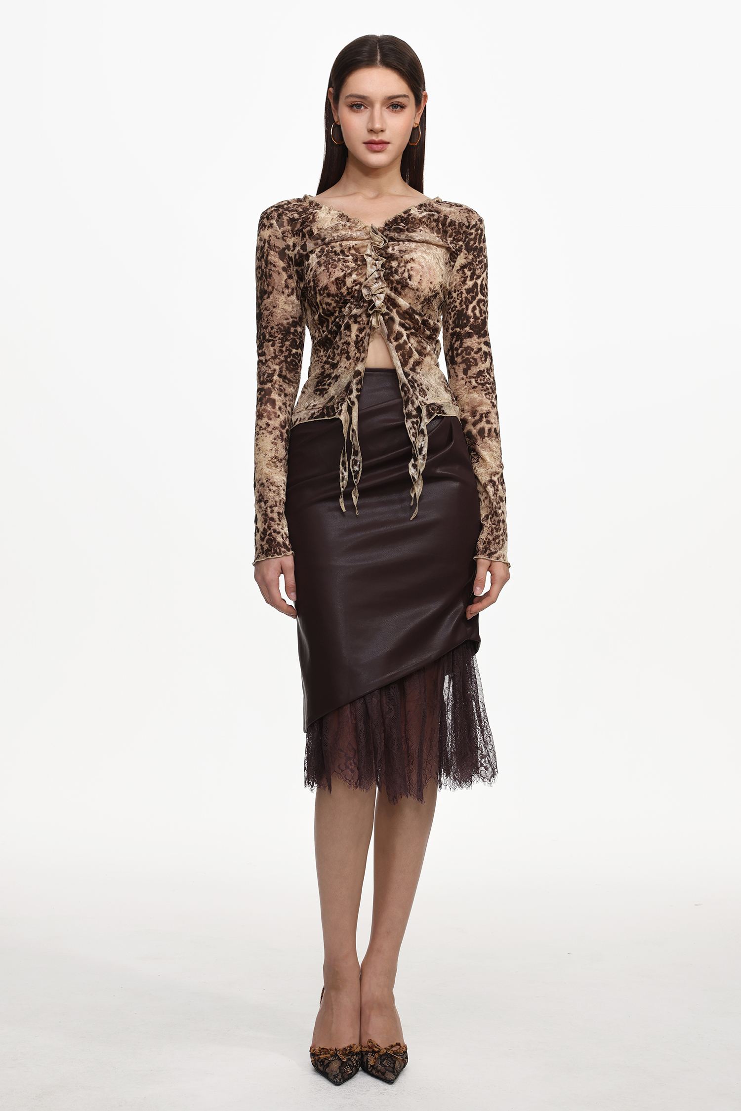 Yuhie Vintage Flocked  Top And Faux Leather Skirt Set