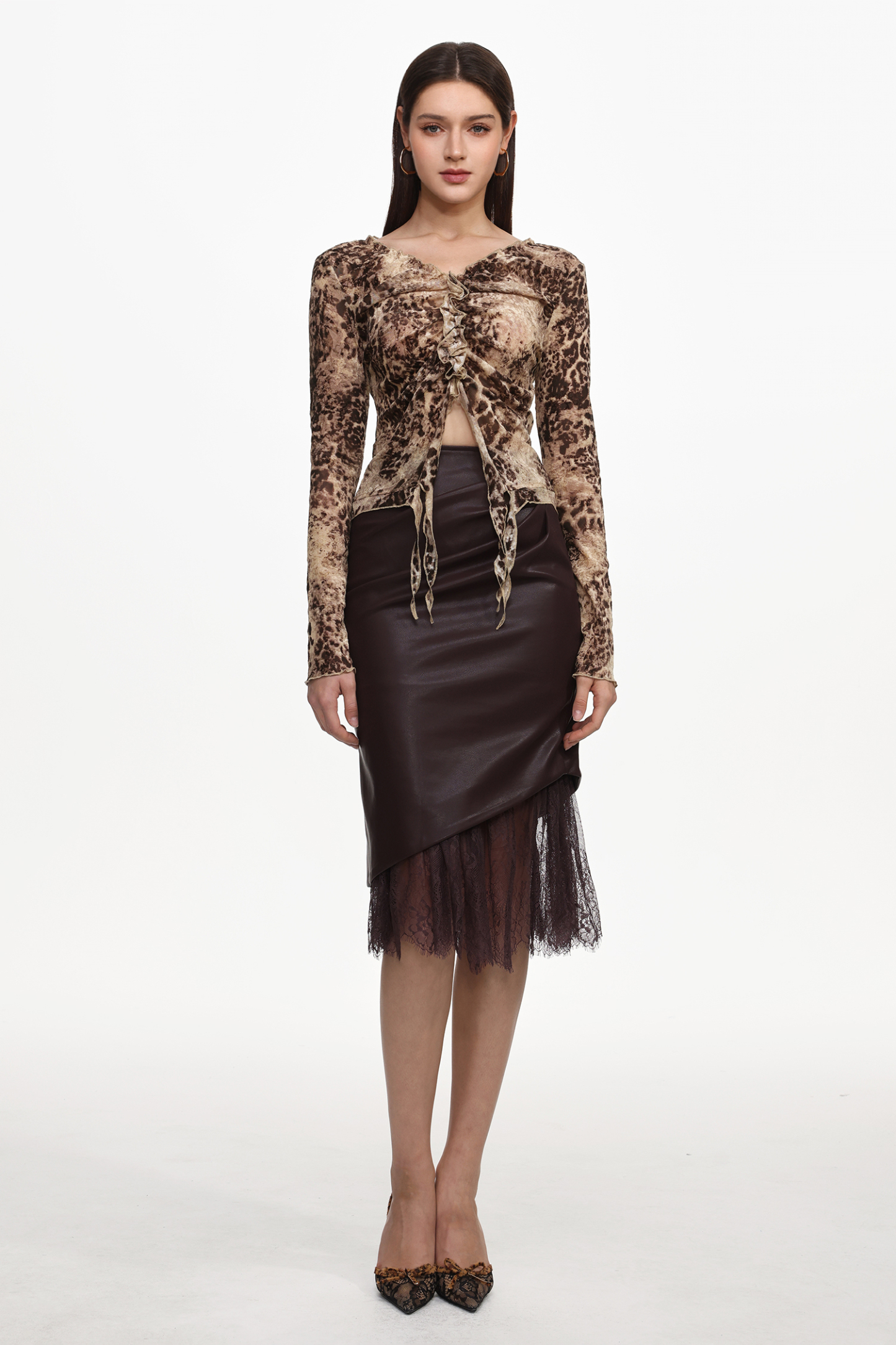 Yuhie Vintage Flocked  Top And Faux Leather Skirt Set